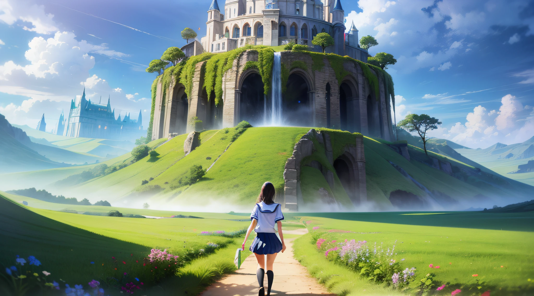 ((masterpiece)), (((best quality))), ((ultra-detailed)), (Amazing:1.1), A back view of a high school girl walking, ((A beautiful high school girl lost in a surreal world of dreamlike landscapes)), A straight road in the grassland that goes on forever, A floating island in the sky, A waterfall flows from the floating island, huge ruin, (17 yr old), person from behind, flowers, wind flow, (((wearing school uniform))), black eyes, black hair, white socks, 8 life size, detailed hairstyles, detailed bodyline, realistic,(((fantasy))), A fertile land full of water and forests, frontier, surrealism, (magnificent space), hyper wide view, deep forest, concept art, raw, detailed background, complex background, wallpaper, poster, sharp focus, hyperrealism, insanely detailed, lush detail, filigree, intricate, crystalline, perfectionism, max detail, 4k uhd,