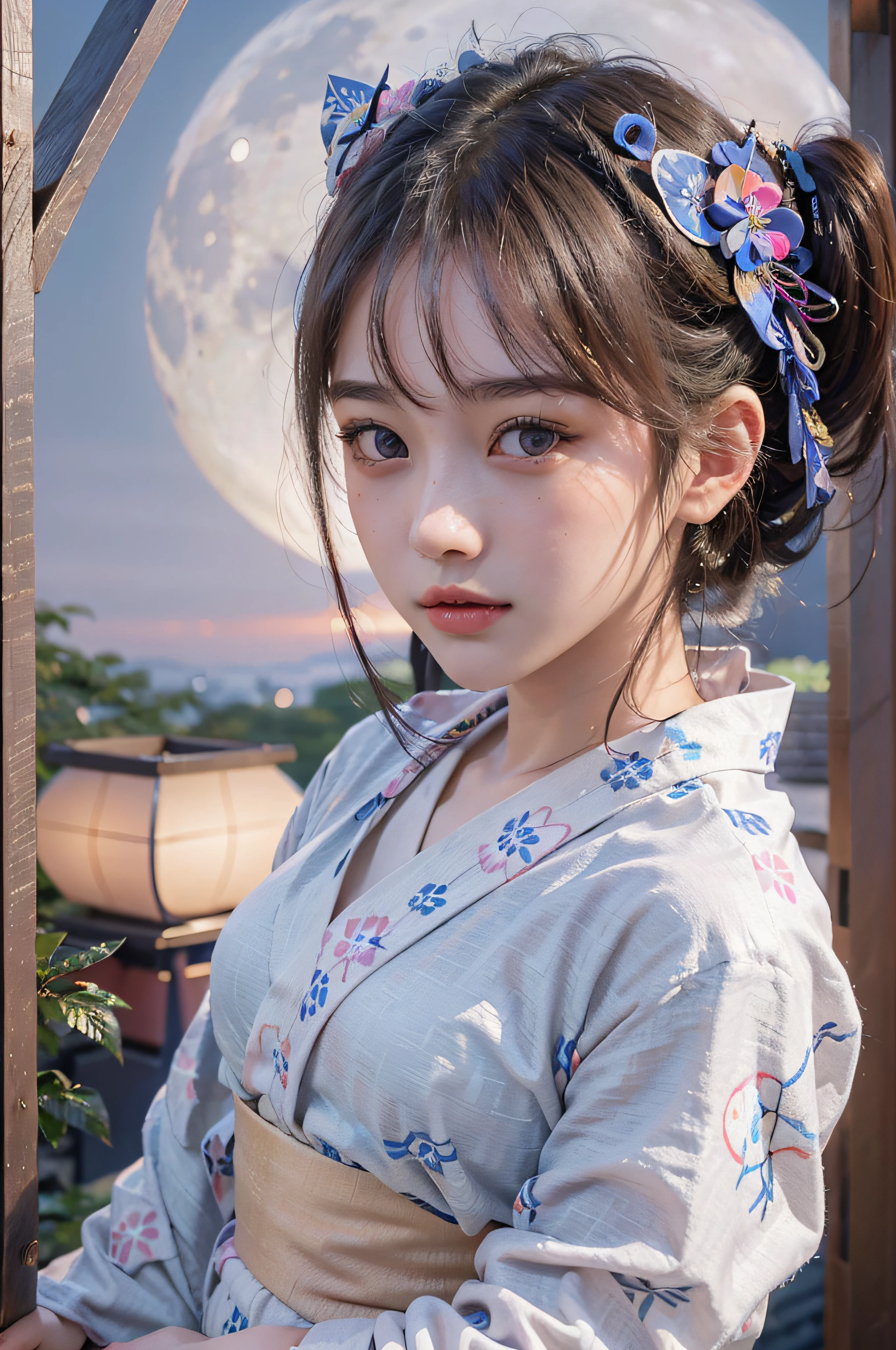 8K, ultra-high-resolution, Best quality, masute piece, A hyper-realistic, photograph, 1 Girl, (:1.3), Cute girl, Cute face, Beautiful detailed eyes, Beautiful detailed eyes, (Midnight, Moon:1.3), (colorful japanese clothes, Yukata, :1.5),