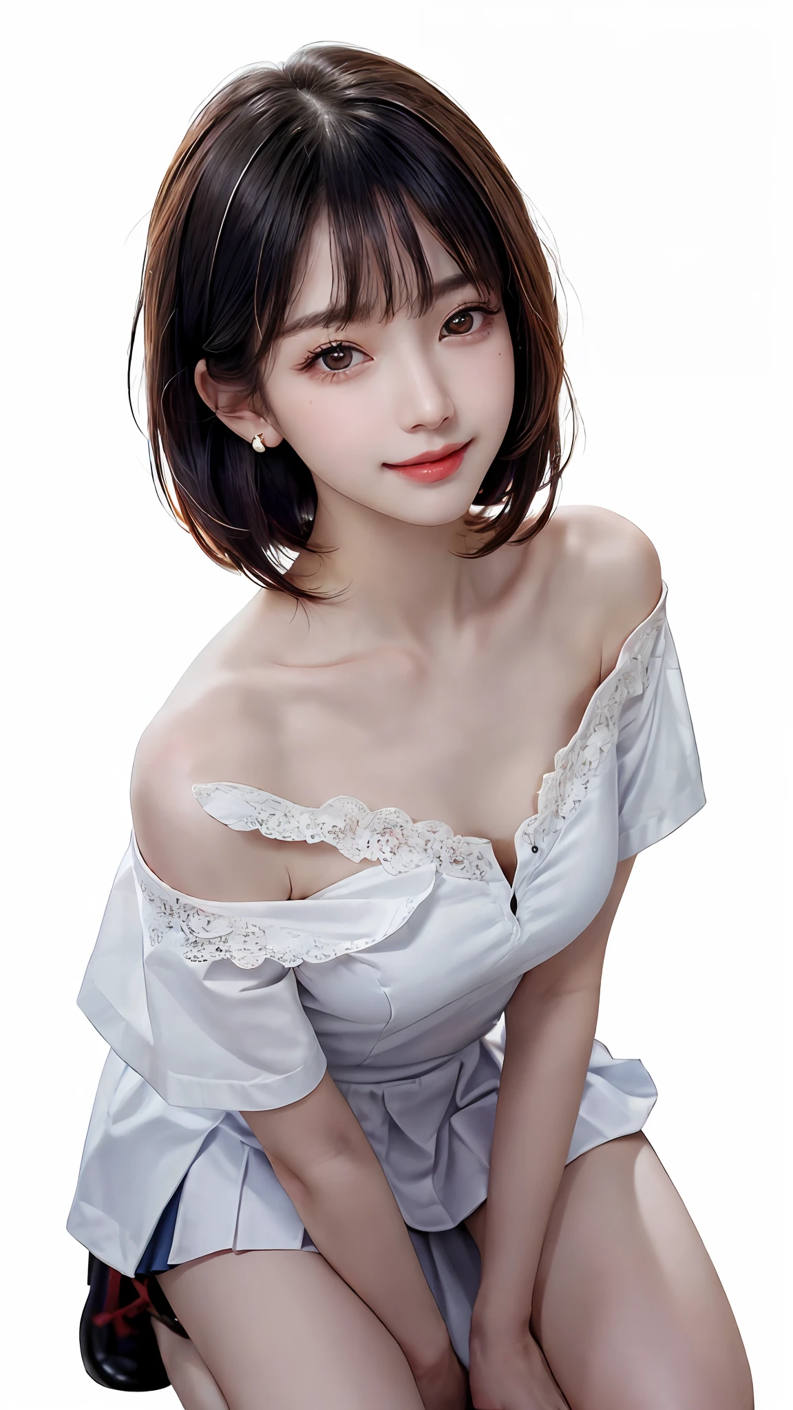 Pee、Fashion trendy beautiful and charming woman、gentle and charming Chinese beautiful woman、Korea person、(KPOP Idol)、Delicate and sexy collarbone、charming oval face、双眼皮、Smart peach blossom eyes、Pink lips、a small nose、bareshoulders、closeup of the face、(extreme high definition、super detaill)、White off-shoulder lace shirt、((White lace panties)、Fresh and impressive、 natural、(kneeling on the ground)、(legs wide open)、(spread legswide)、(From a low angle)、(shinny skin)、(lowangle))、Perfect figure、The areol、cleavage of the breast、Underarm wrinkles、(Urine on the floor))、(((Showpiece、beste-Qualit、highly accurate))、1人の女の子、(tetas grandes、photo- realistic:1.4)、(((Slightly above the camera、looking up at the camera、look up to、looking up at the camera、 Staring at the camera)))、独奏、、White background、Snow White background、Keep your mouth shut、Happy smiling face、pretty black hair、shorth hair、big eye、pronounced double eyelids、eye lashes、Ears out、long neck、long neck、Absolute Area、((closeup of the face、short hair with bangs))、19yearsold、Attractive proportions、shinny skin、Clean collarbone、Golden Ratio Face、perfect  face、tear moles、 mole on breasts、bangss、Clean bangs、Beautiful bangs、lipgloss、thin lips、White Skin Skin、I took off my clothes、big chest out、a small face、Staring at the camera slightly upwards、((Smile a little at the camera、Immaculate white background with nothing really、Very big big big、big chest out))、(((school  uniform、shirts、sleevless)))