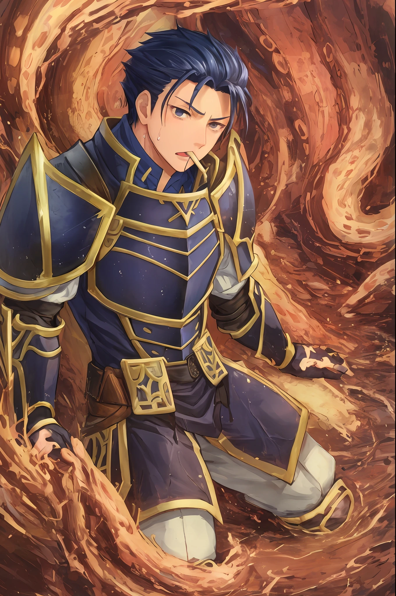 Hector Fey(adult man), 独奏, looking looking at viewer,Tied by tentacles(Mucus-secreting tentacles) ,With his mouth open,droolng,perspire,Tight combat uniform,Armour,Armour,Get wet, mitts, 1 man,weeping,Be red in the face, Male focus,Tentacles wrapped around thighs(Octopus tentacles wrap around thighs), cloaks, Armour, Shoulder armor, Soaked leggings,Wrists bound by tentacles,Waist wrapped around tentacles