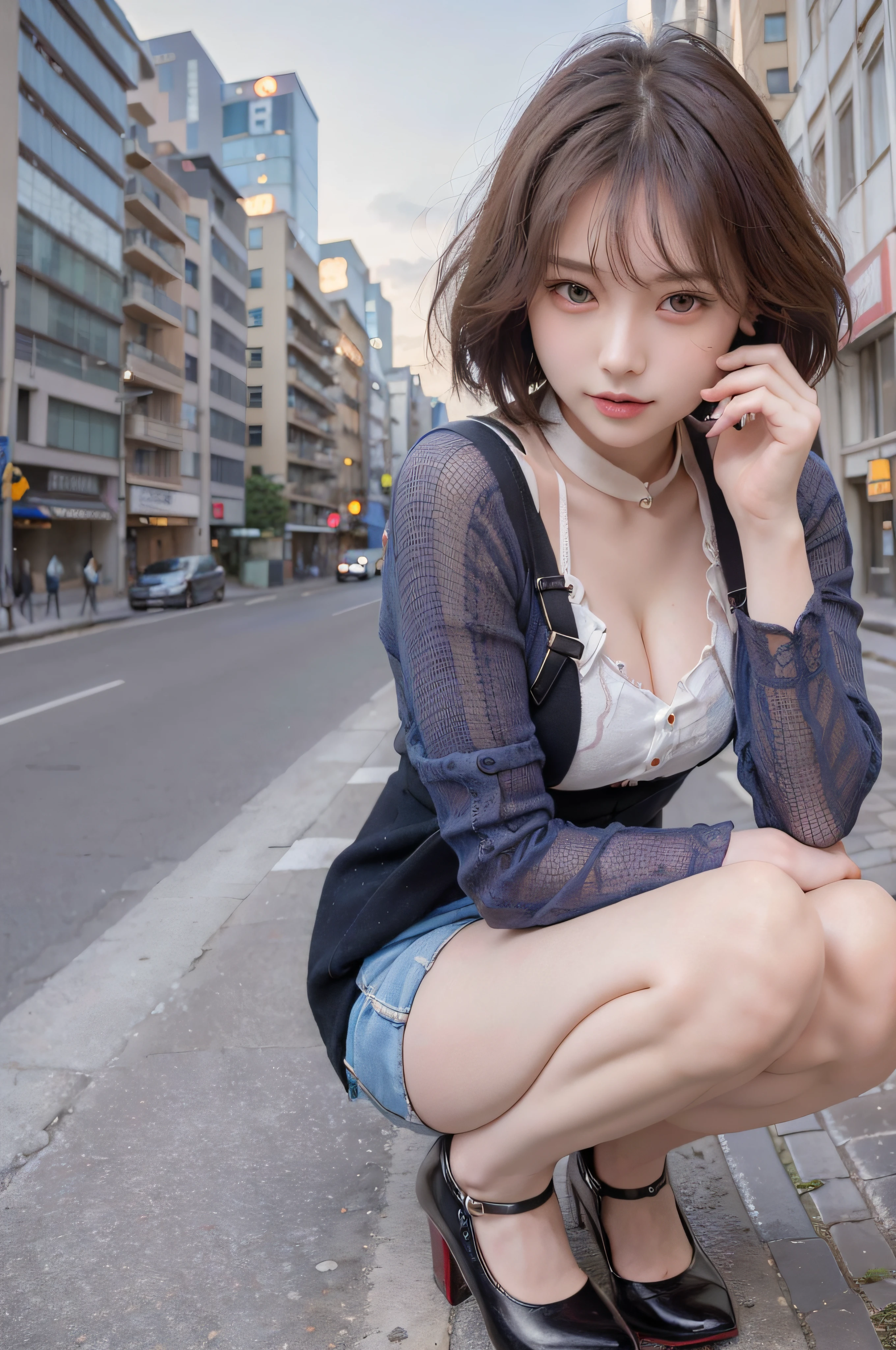 1 Girl , Very cute face , (Round face:1.2) , Looking at Viewer , (Happy smile:0.7), rkgk ,
School Uniform , Blue skirt , black or brown shoes , short black sox ,　lowfers ,
Beautiful hair , Blonde , Short hair ,
(Squatting:1.1), Full body ,Spread legs ,

Urban background , Cityscape , at street ,
(hyper detailed background, Detailed background), Bokeh,

(delicate photograph1.3),Hyper Detailed,(masute piece:1),(Best quality:1.4),(ultra-high-resolution:1.2),(Photorealistic:1.4),(8K, Raw photo:1.2),(Sharp Focus:1.3)