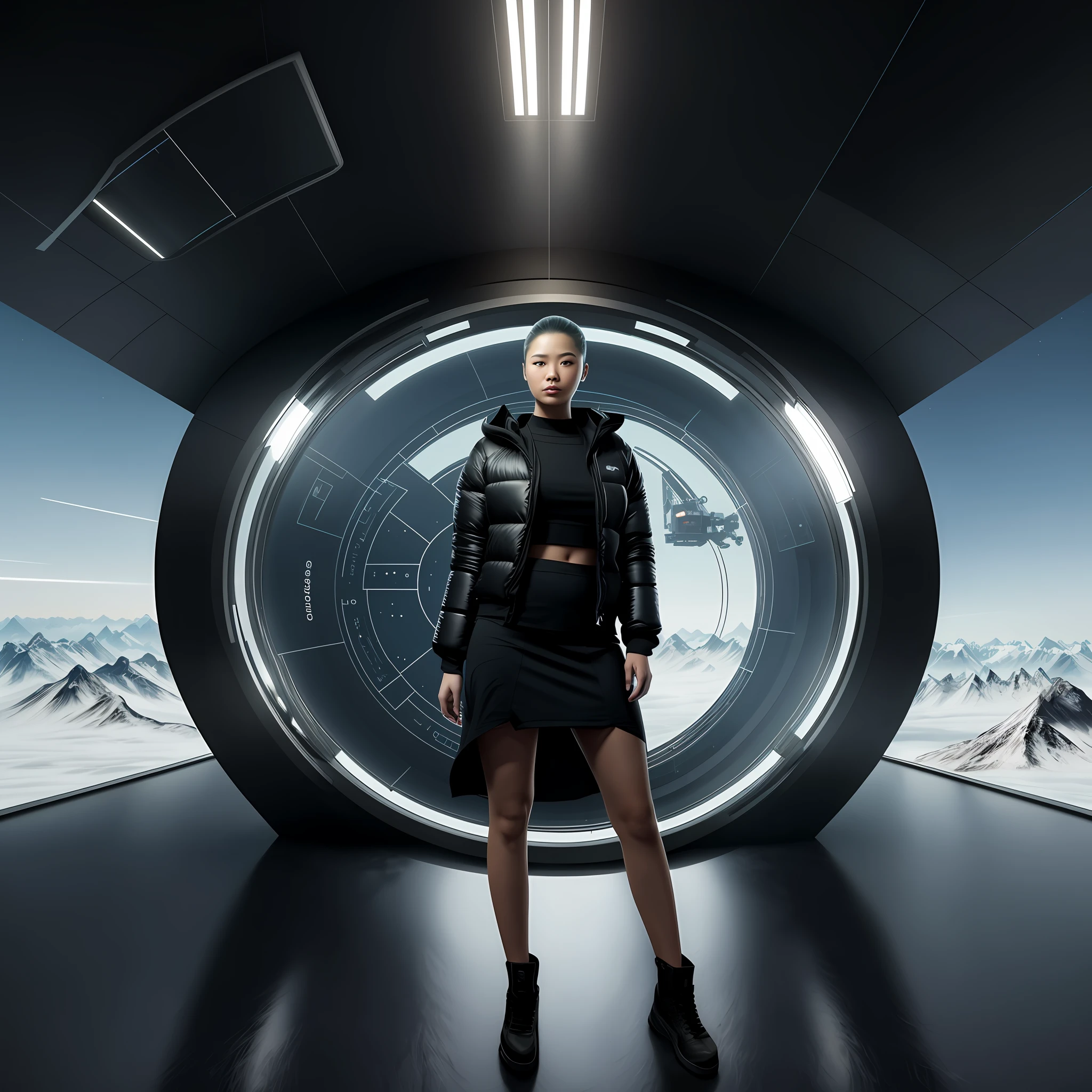 There is a young Asian woman standing in a futuristic space station，The model wears a black down jacket, puffer jacket, It has a futuristic background, photograph of a techwear woman, stunning visuals with rtx on, from a 2 0 1 9 sci fi 8 k movie, Futuristic clothing, in a futuristic spaceship, stood inside a futuristic lab, futuristic outfit, In science fiction style