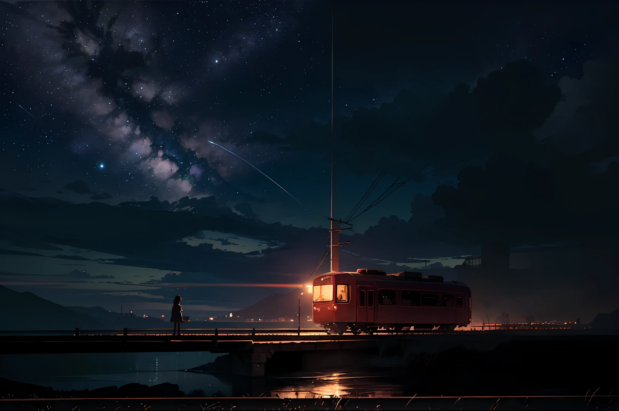 High quality masterpiece, landscape, anime train passing through bodies of water on tracks, bright starry sky. Romantic train, pixiv, concept art, lofi art style, reflection. by Makoto Shinkai, lofi art, Beautiful anime scene, Anime landscape, detailed scenery —width 672, in style of Makoto shinkai, style of Makoto shinkai, enhanced details.