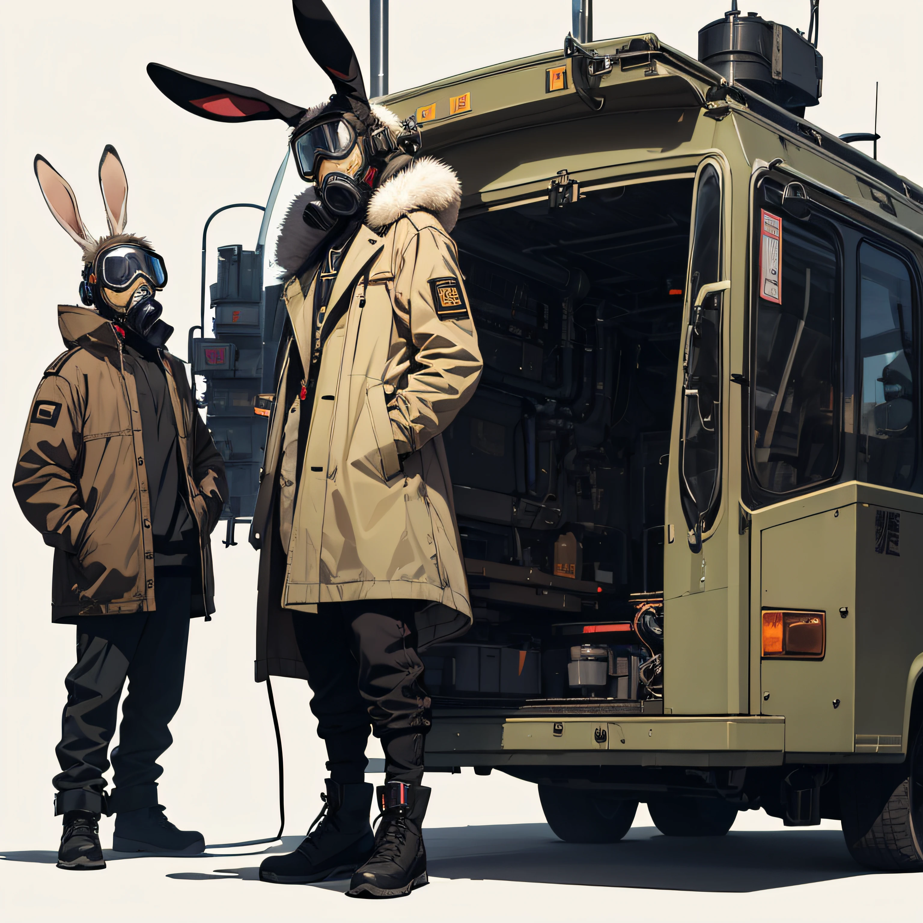 male people, 小柄, Wearing a gas mask, Wearing headphones, With rabbit ears on the head, The body is a cyborg, white back ground, Wearing machine goggles, Wearing a long khaki coat, Wearing boots, Full body, 1 person, no background