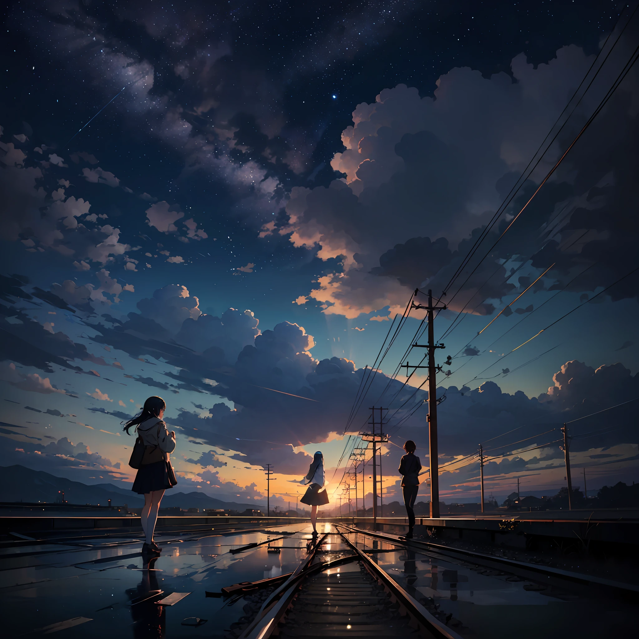 High quality masterpiece, landscape, anime train passing through bodies of water on tracks, bright starry sky. Romantic train, pixiv, concept art, lofi art style, reflection. by Makoto Shinkai, lofi art, Beautiful anime scene, Anime landscape, detailed scenery —width 672, in style of Makoto shinkai, style of Makoto shinkai, enhanced details.