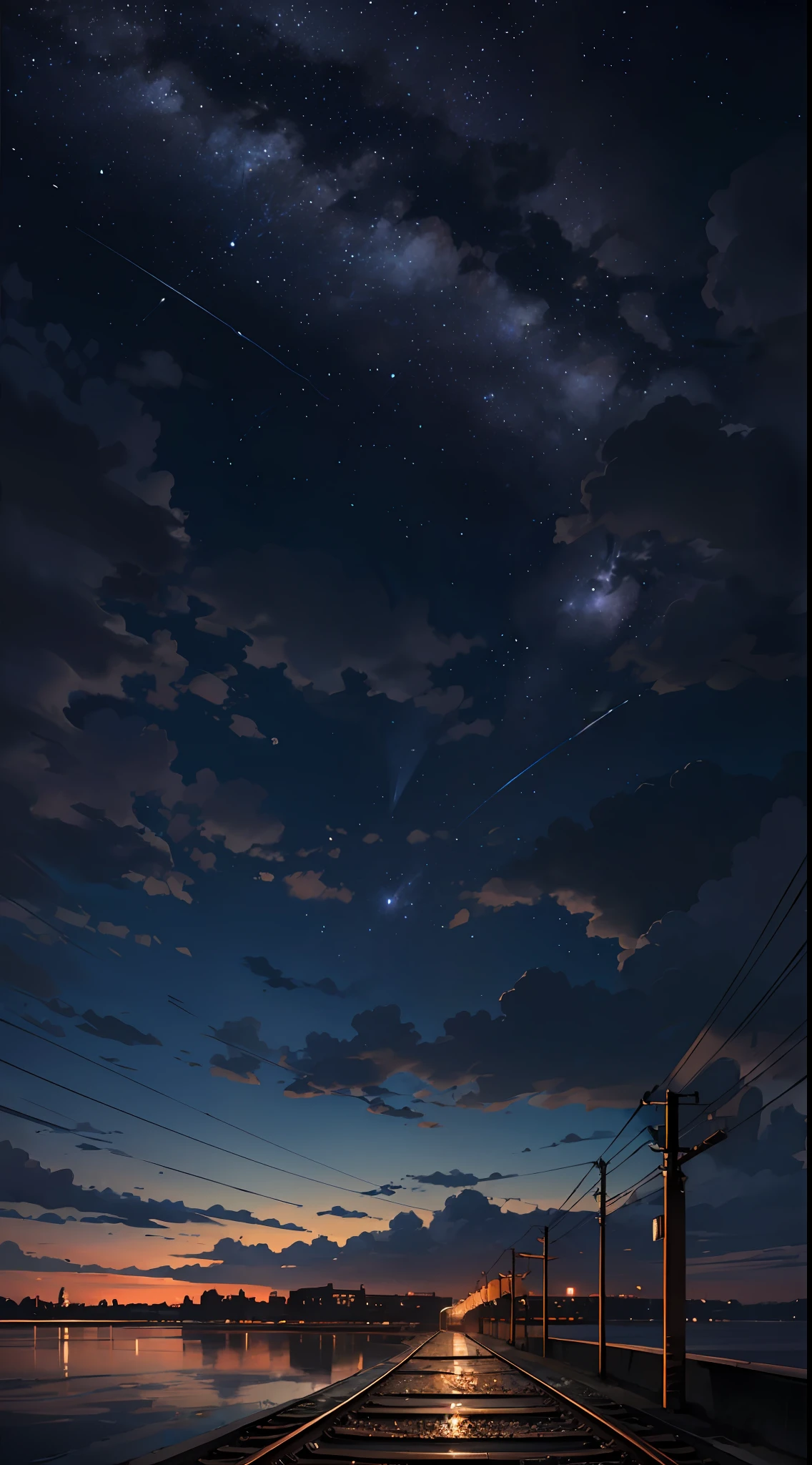High quality masterpiece, landscape, anime train passing through bodies of water on tracks, bright starry sky. Romantic train, pixiv, concept art, lofi art style, reflection. by Makoto Shinkai, lofi art, Beautiful anime scene, Anime landscape, detailed scenery —width 672, in style of Makoto shinkai, style of Makoto shinkai, enhanced details.
