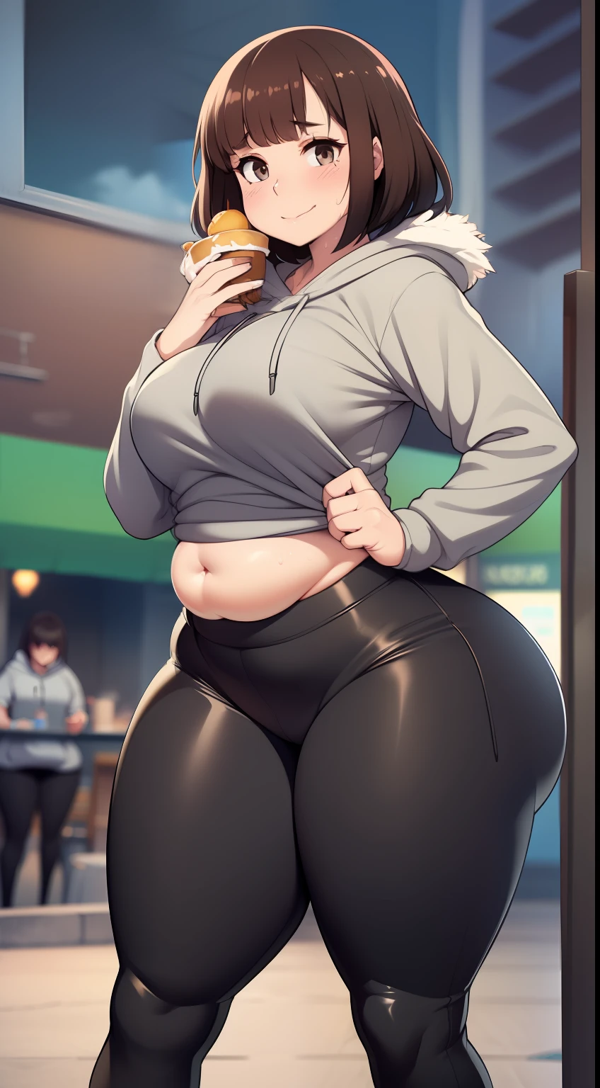 (((kipteitei art))), Masterpiece, high quality, best quality, beautiful, HD, perfect lighting, detailed face, detailed body, 1girl, solo, medium hair, ((fluffy hair)), brown hair, brown eyes, looking at viewer, weight conscience, shy, nervous, blush, smile, affectionate, sweating, medium breasts, perky breasts, ((wide hips)), ((((thick thighs)))), thicc, ((pudgy)), (((grey hoodie)), ((black leggings)), ((tight clothes)), cafe, in public,