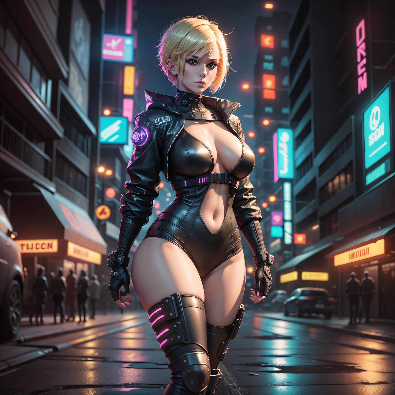2B, big tits, bikini, character sheet, lightningwave, 3d, cgi, glowing neon, cyberpunk, streetwear outfit, ☂️, neon city --auto