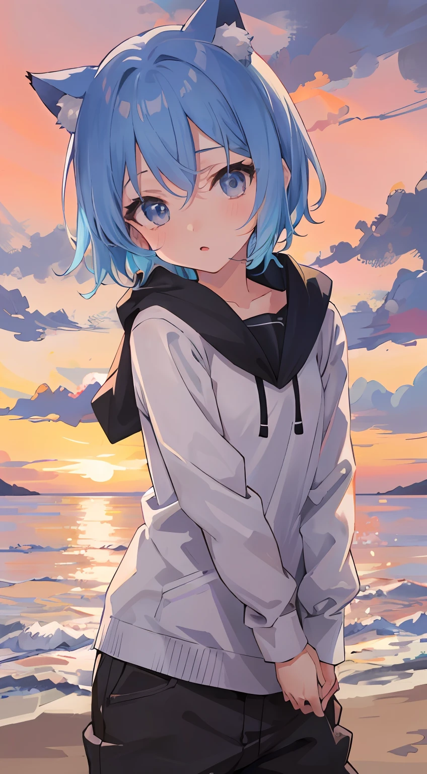 anime girl with blue hair and cat ears standing on the beach, style of anime4 K, anime moe art style, Anime art wallpaper 8 K, Anime wallpaper 4 k, Anime wallpaper 4k, Anime art wallpaper 4k, Anime art wallpaper 4 K, 4k anime wallpaper, Anime style. 8K, 2 d anime style, animemanga girl, ((Sunset))