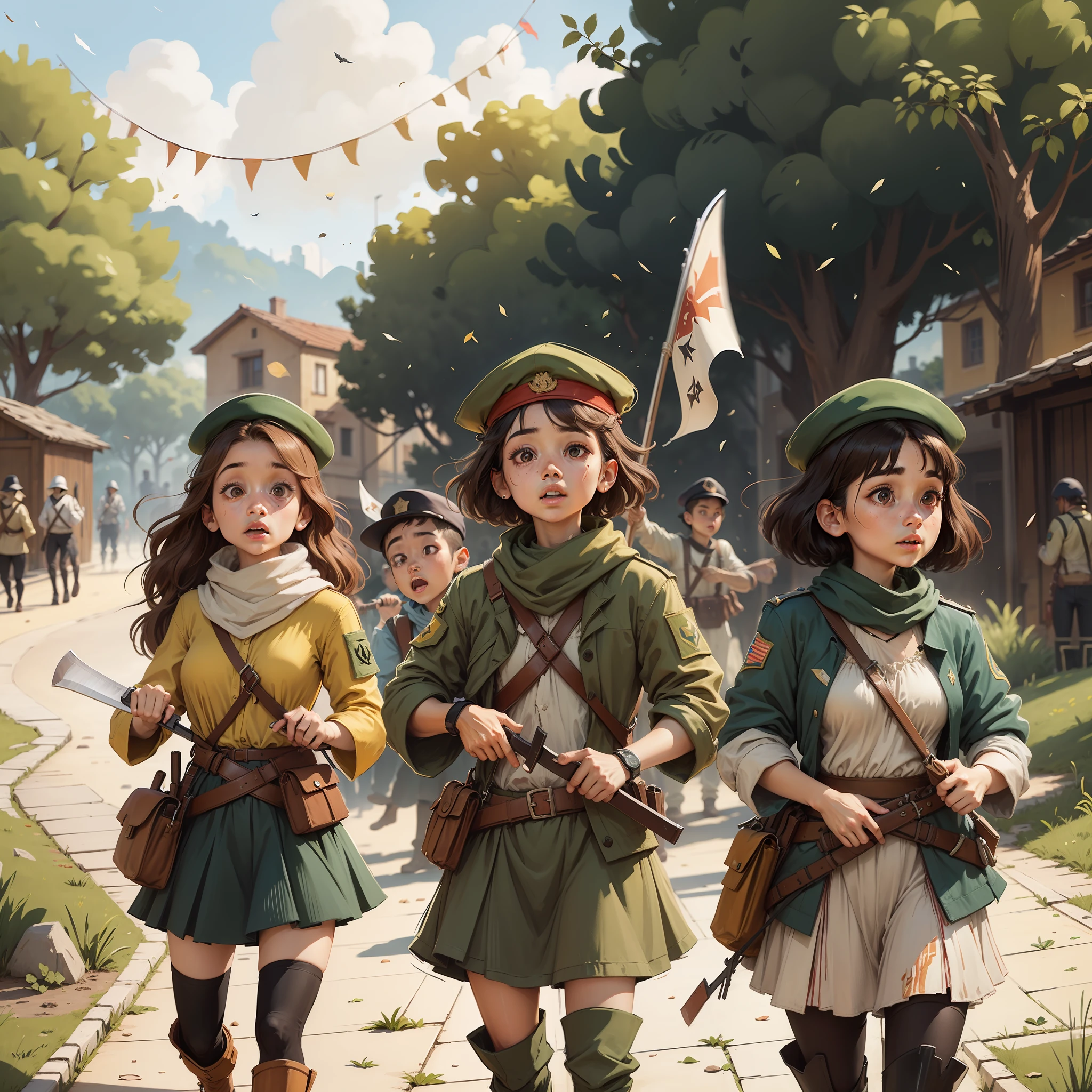 peasant resistance battalions, com roupas simples, vestidos longos, roupas coloridas, saias rodada. Mulheres, homens, jovens e idosos se uniram, each bringing machete, varas de pau,e coragem para o movimento. Mariazinha in front as the leader of the Battalions, com roupas de camponesa e bandeiras de Caxias-Ma e bandeiras do Estado do MA , image as of revolution, Wielding flags of justice.