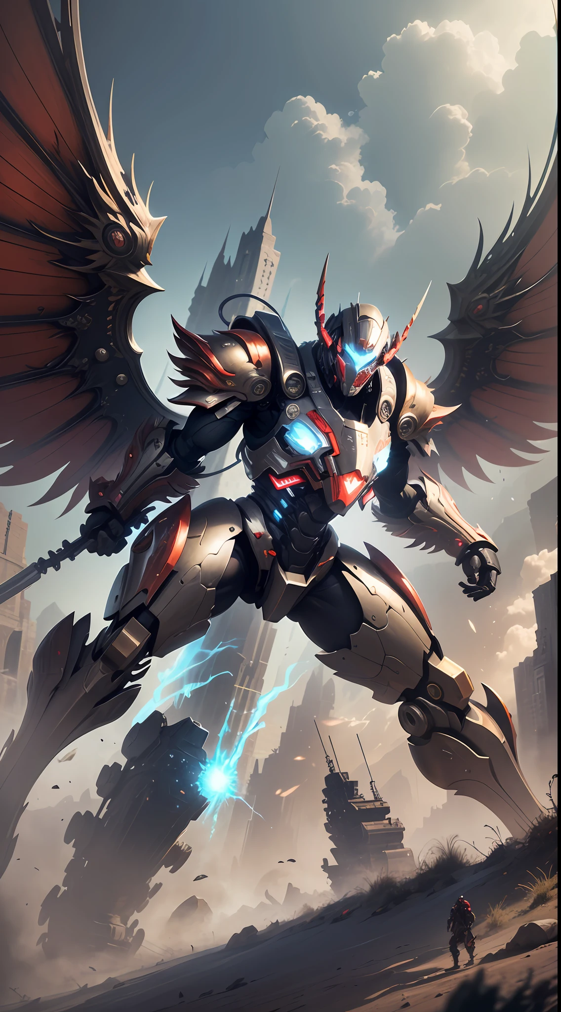 In steampunk style，cool color toning，Cinematic effects，Huge sci-fi mech，（The red mech metal has a strong luster：1.1），There are metallic wings on the back，The wings are symmetrically centered，Holding a Fang Tianji halberd，Fang Tianji particle light，Fang Tianji particle special effect，Beautiful，disppointed，Fighting posture，Combat stance display，Lots of detail，Perfect details，8K,Top paintings，Feature article,，concept-art，Epic composition，with high definition details, metal texture and tension composition,Hyper-realistic，Ultra photo realsisim，with great detail，3 d，C4D,