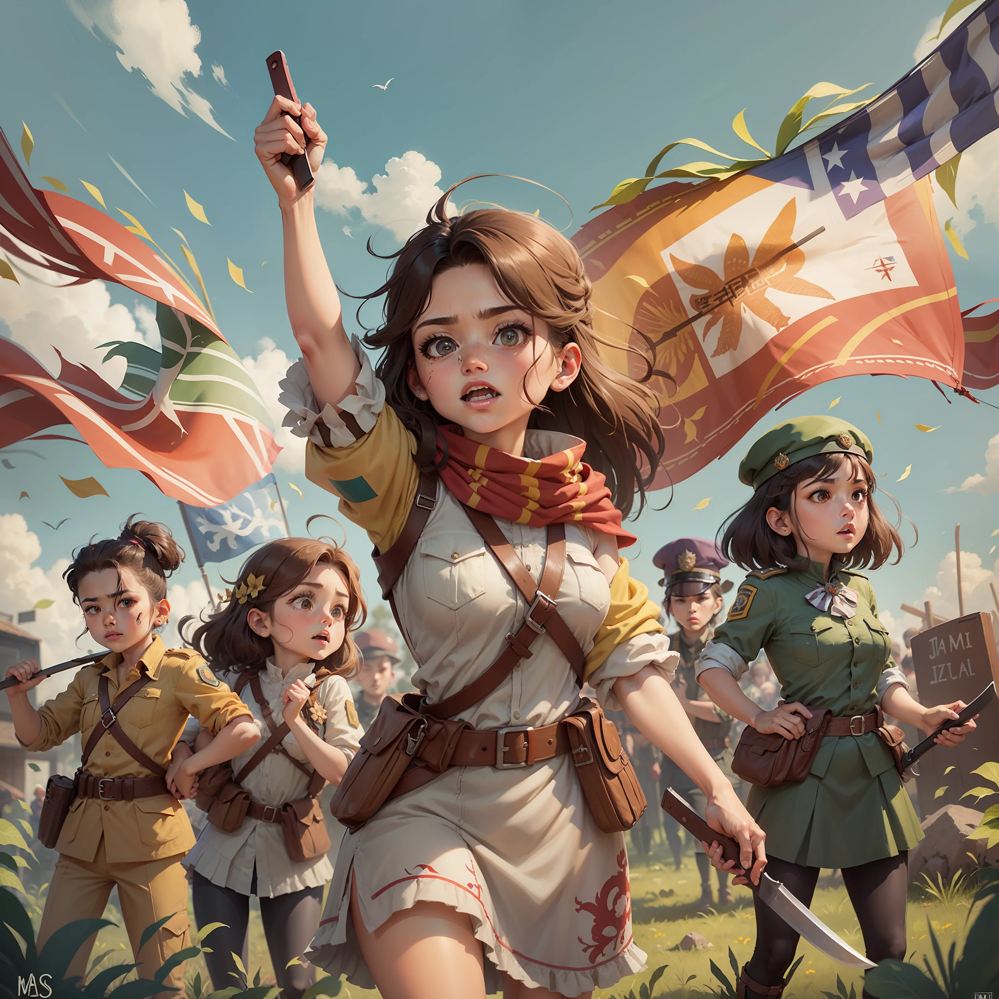 peasant resistance battalions, com roupas simples, vestidos longos, roupas coloridas, saias rodada. Mulheres, homens, jovens e idosos se uniram, each bringing machete, varas de pau,e coragem para o movimento. Mariazinha in front as the leader of the Battalions, com roupas de camponesa e bandeiras de Caxias-Ma e bandeiras do Estado do MA , image as of revolution, Wielding flags of justice.