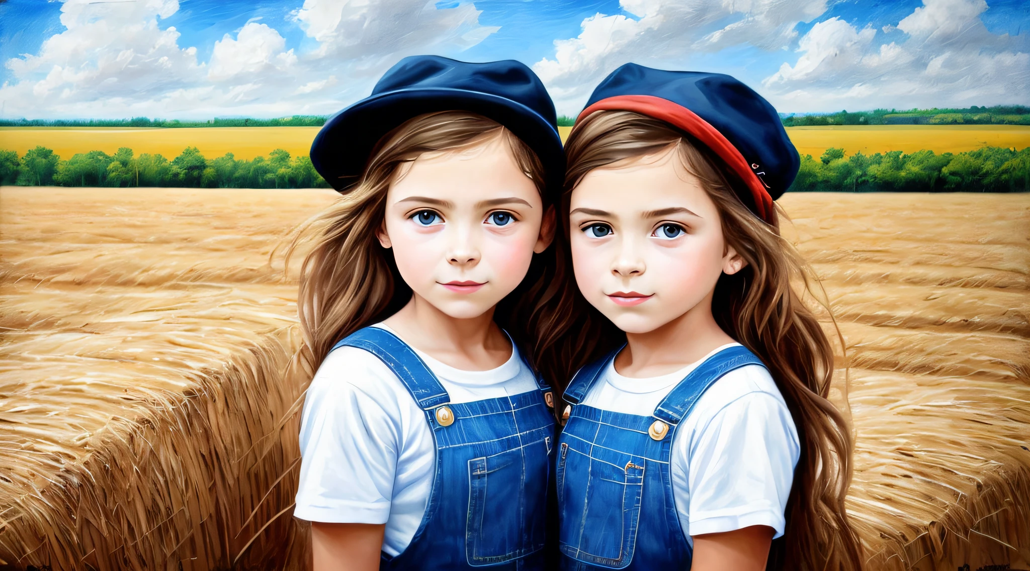 two s wearing hats laying on a field of hay, beautiful gemini twins portrait, painting digital adorable, next gen, beautiful gemini twins, twins, lindo pintura digital, Duas meninas, ai digital oil painting, Digital painting nice, Arte Digital, Arte Digital, meninas fofas, pidigital impressionante, epic tale of the twin sisters, bela Arte Digital, Arte ocidental