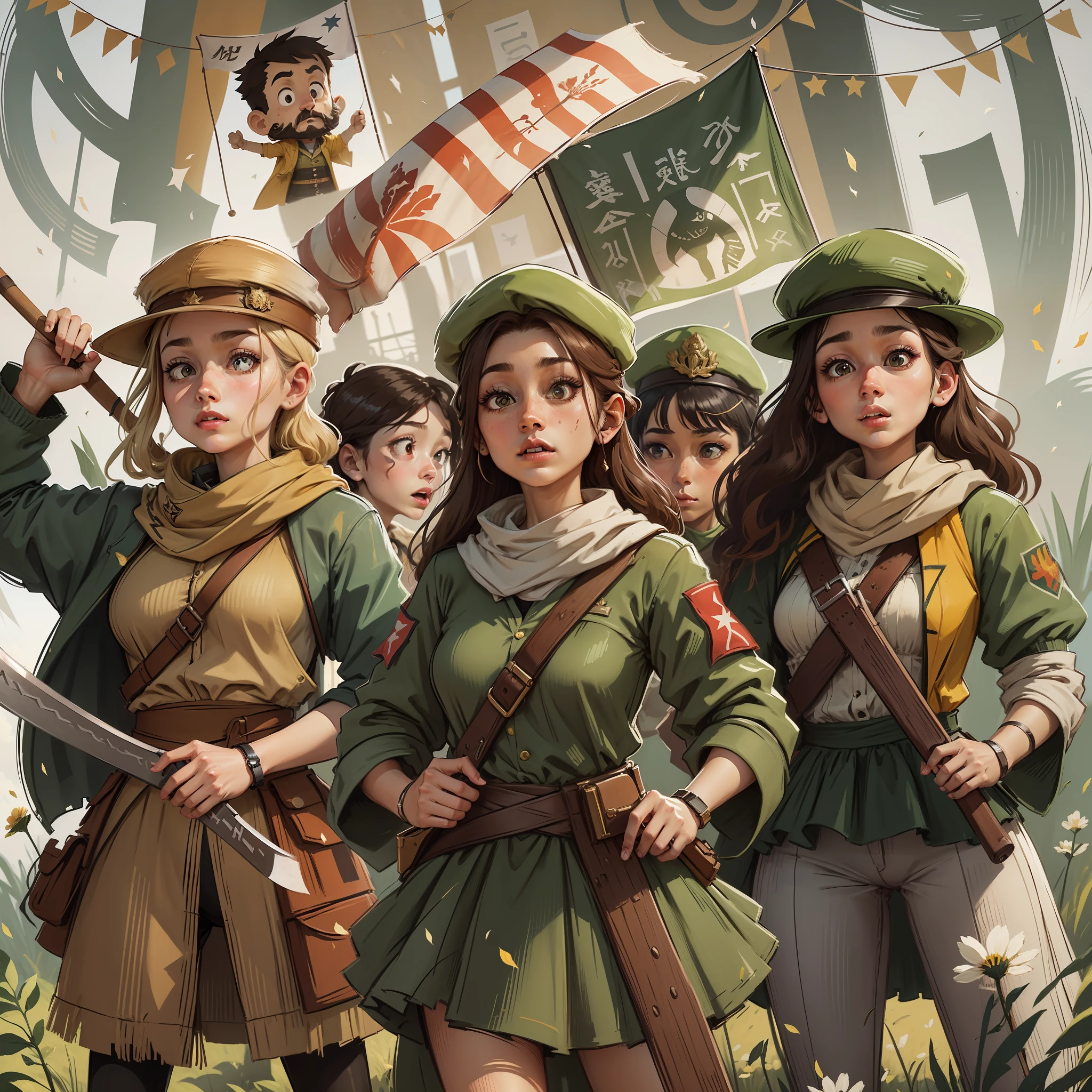 peasant resistance battalions, com roupas simples, vestidos longos, roupas coloridas, saias rodada. Mulheres, homens, jovens e idosos se uniram, each bringing machete, varas de pau,e coragem para o movimento. Mariazinha in front as the leader of the Battalions, com roupas de camponesa e bandeiras de Caxias-Ma e bandeiras do Estado do MA , image as of revolution, Wielding flags of justice.
