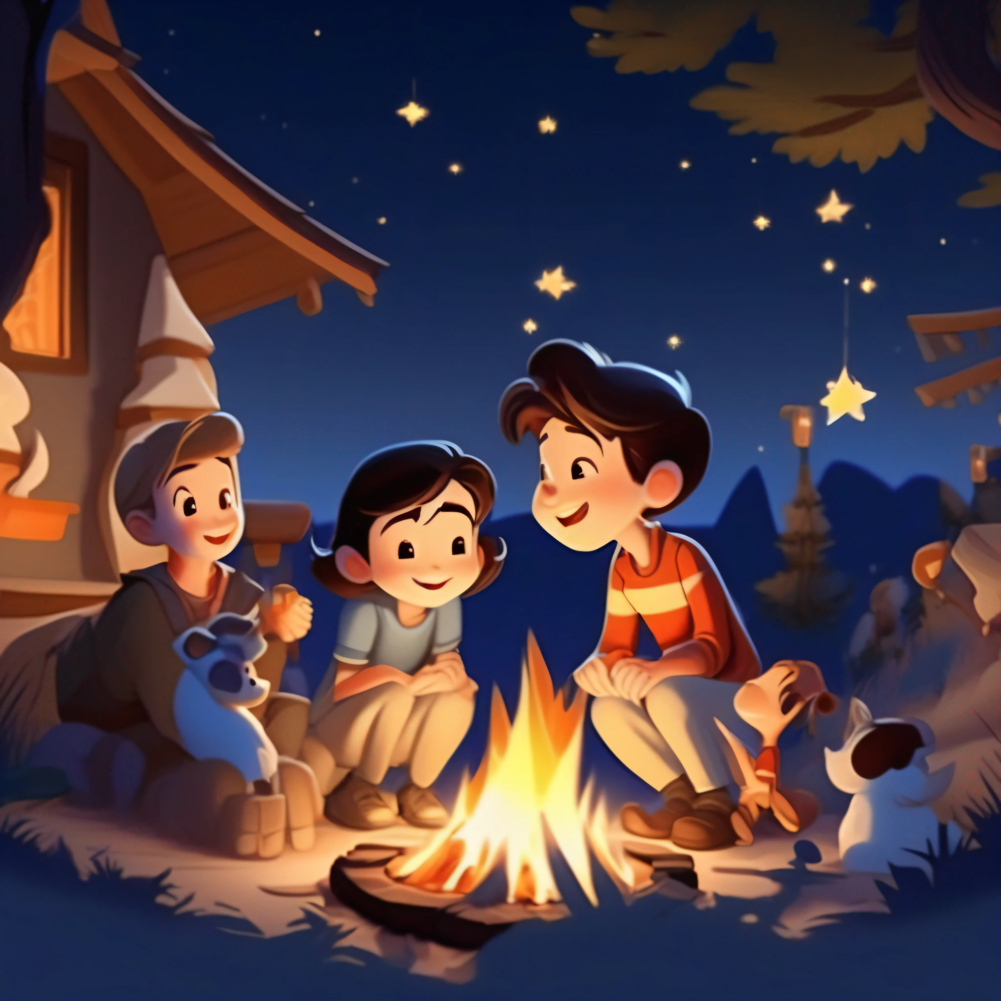 Disney cartoon style:Depict a campfire scene under lights,A pure white dream image appears in the firelight。
• Screen 16:9:Presents twinkling starlight in the night sky。
• Emphasize picture details:The flame of the campfire、The starry sky with the stars and the expressions of the characters。