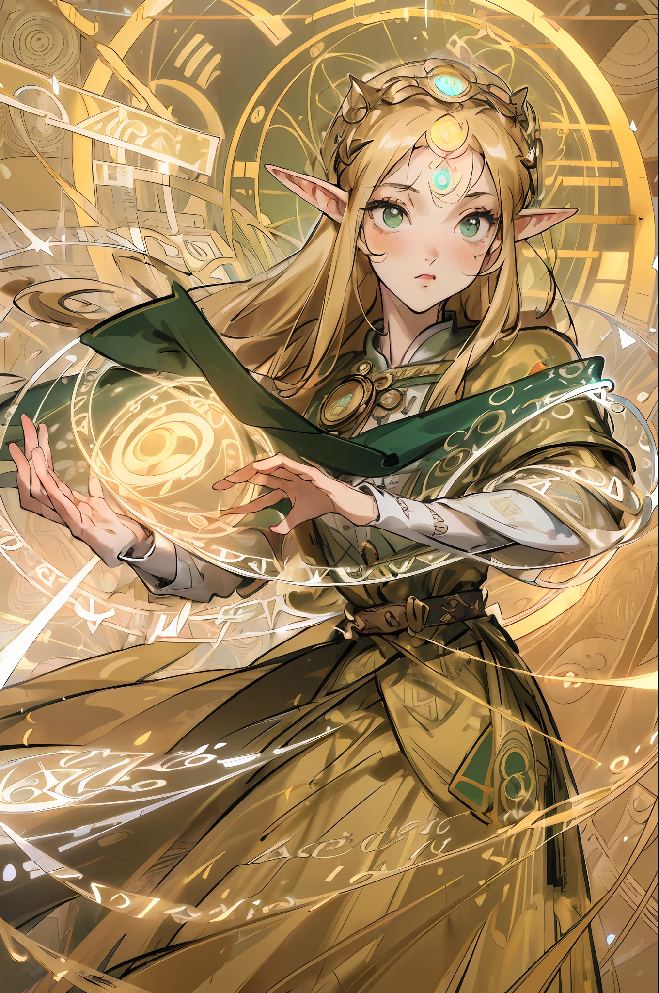 ((Masterpiece, Best Quality, High Definition, High Detail)))), ((((Fantasy))), One, (Elf Woman))))), (White Short Skirt with Gold Embroidery), (Blonde Long Straight Hair), (Fine Dark Green Eyes)))), (Green cloak armor with gold embroidery)), Big, (Strong Wind), (Cast spell)), (A lot of glowing grains are flying), ((( A vortex of light gathers in the hand))), ((((Magic circle of light with magic patterns and letters densely drawn in the background))), forest, (magic circle is reflected in the cloak)