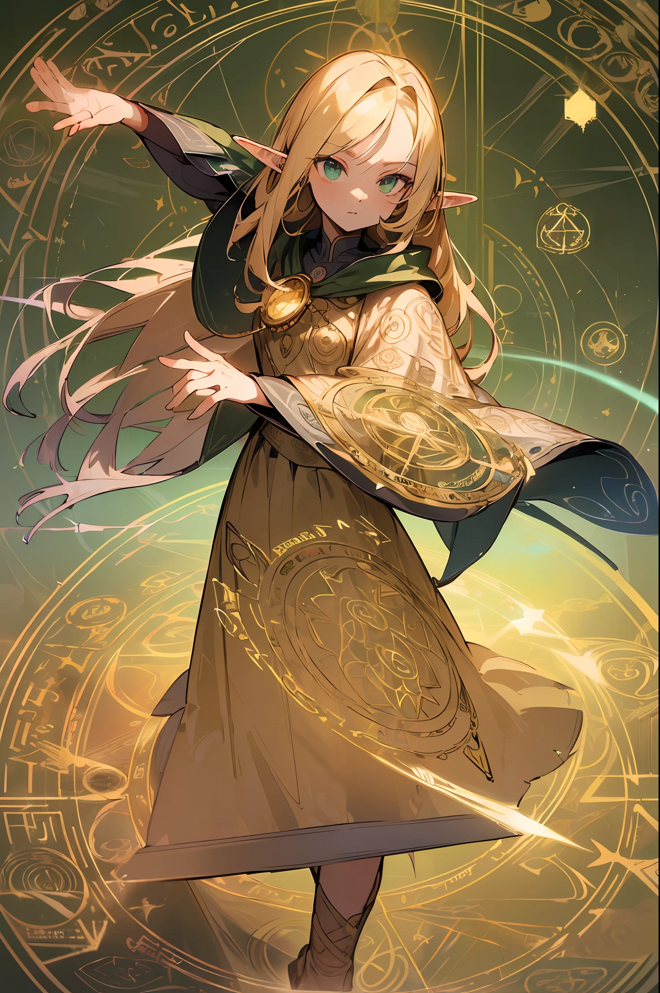 ((Masterpiece, Best Quality, High Definition, High Detail)))), ((((Fantasy))), One, (Elf Woman))))), (White Short Skirt with Gold Embroidery), (Blonde Long Straight Hair), (Fine Dark Green Eyes)))), (Green cloak armor with gold embroidery)), Big, (Strong Wind), (Cast spell)), (A lot of glowing grains are flying), ((( A vortex of light gathers in the hand))), ((((Magic circle of light with magic patterns and letters densely drawn in the background))), forest, (magic circle is reflected in the cloak)