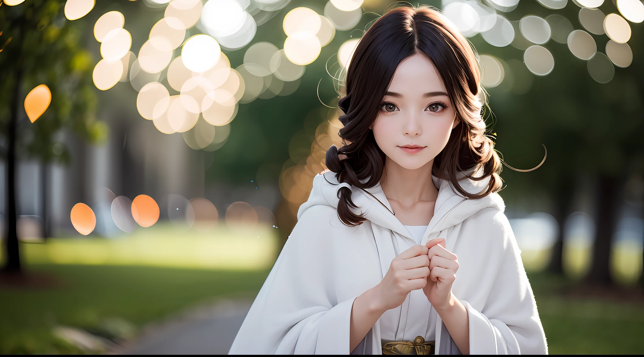 ((1 girl)), magician, light magic, wearing a white robe made of light, magic forest, flowing, (Fire)) magic), tight magician's clothing, magic clothes, ((flowing hairstyle)))), (shining eyes))), wearing a cloak, (((bokeh)), depth of field,
