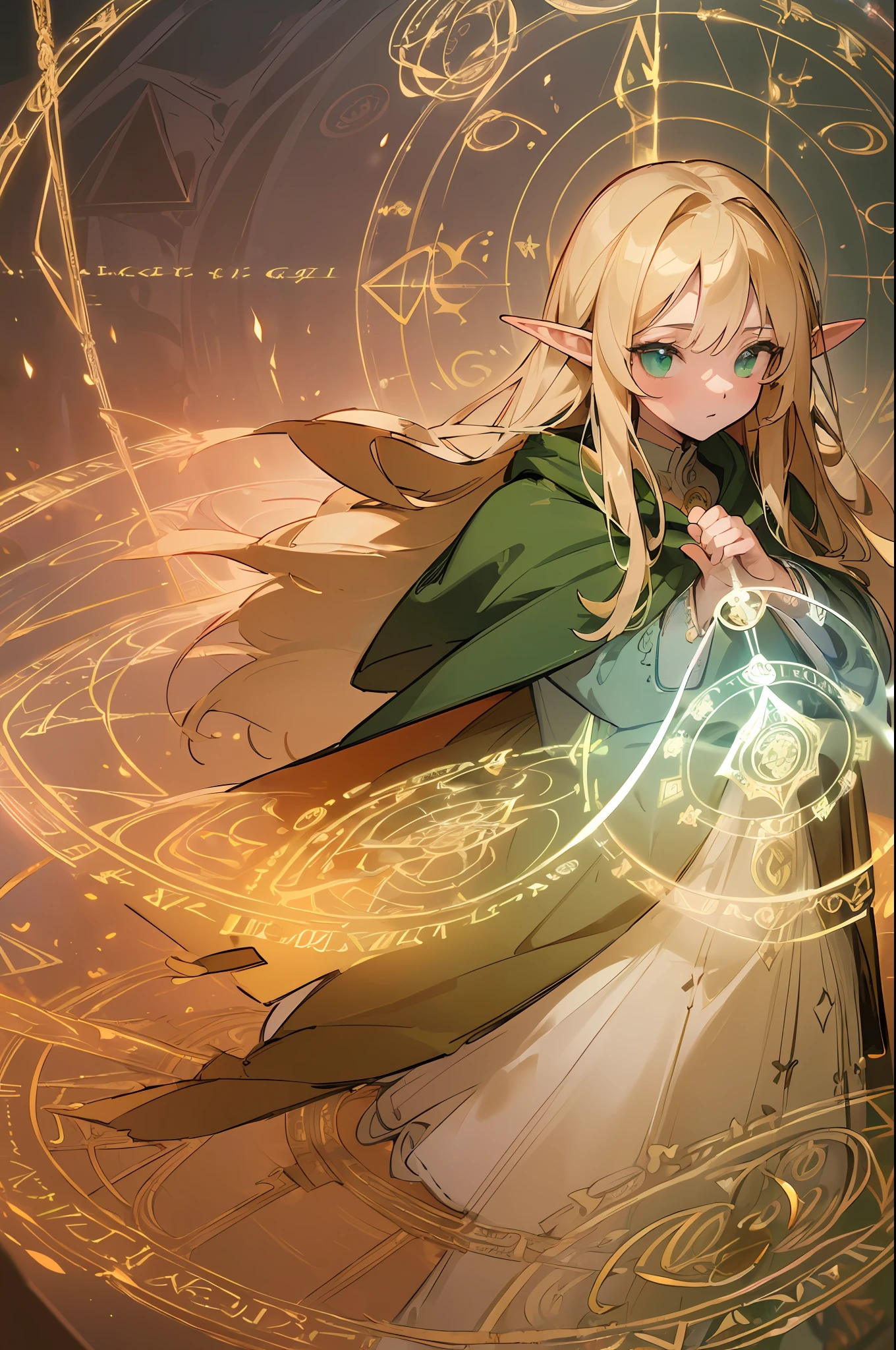 ((Masterpiece, Best Quality, High Definition, High Detail)))), ((((Fantasy))), One, (Elf Woman))))), (White Short Skirt with Gold Embroidery), (Blonde Long Straight Hair), (Fine Dark Green Eyes)))), (Green cloak armor with gold embroidery)), Big, (Strong Wind), (Cast spell)), (A lot of glowing grains are flying), ((( A vortex of light gathers in the hand))), ((((Magic circle of light with magic patterns and letters densely drawn in the background))), forest, (magic circle is reflected in the cloak)