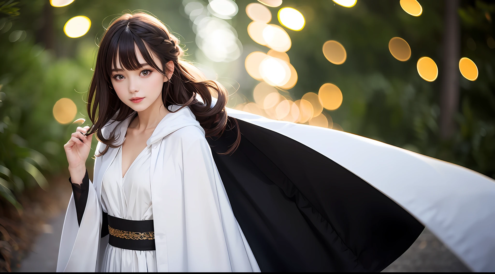 ((1 girl)), magician, light magic, wearing a white robe made of light, magic forest, flowing, (Fire)) magic), tight magician's clothing, magic clothes, ((flowing hairstyle)))), (shining eyes))), wearing a cloak, (((bokeh)), depth of field,