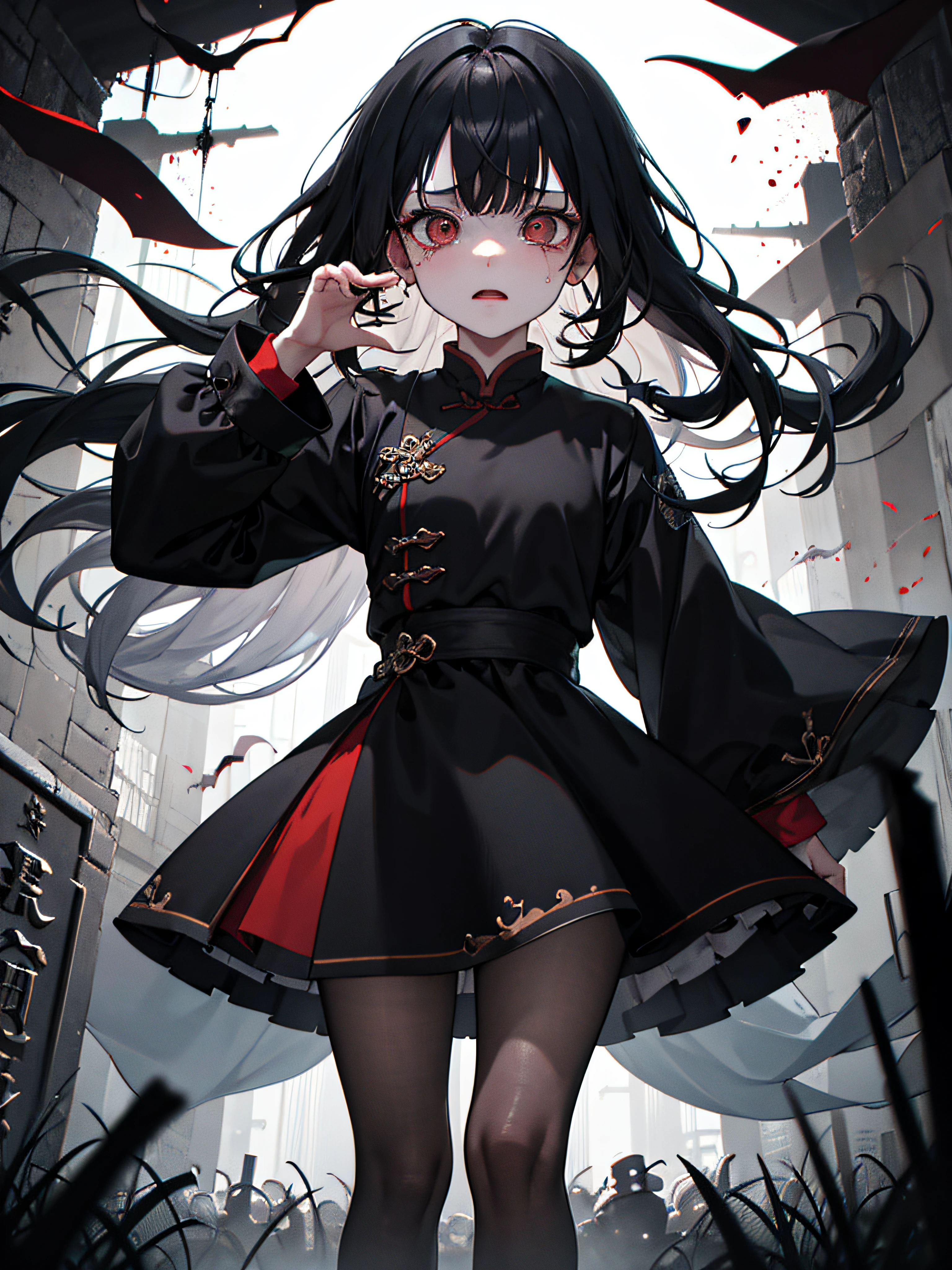 (a masterpiece of,Best Quority,exquisitedetails), 1Blittle girl,weeping,nigth,dynamic angle,Surgical Dao,Late night woods in the background,tombs,Black crowd,Big wind,spooky ambiance,Chaotic crowds,Disorder,horryfing,China is weird,Ghosts