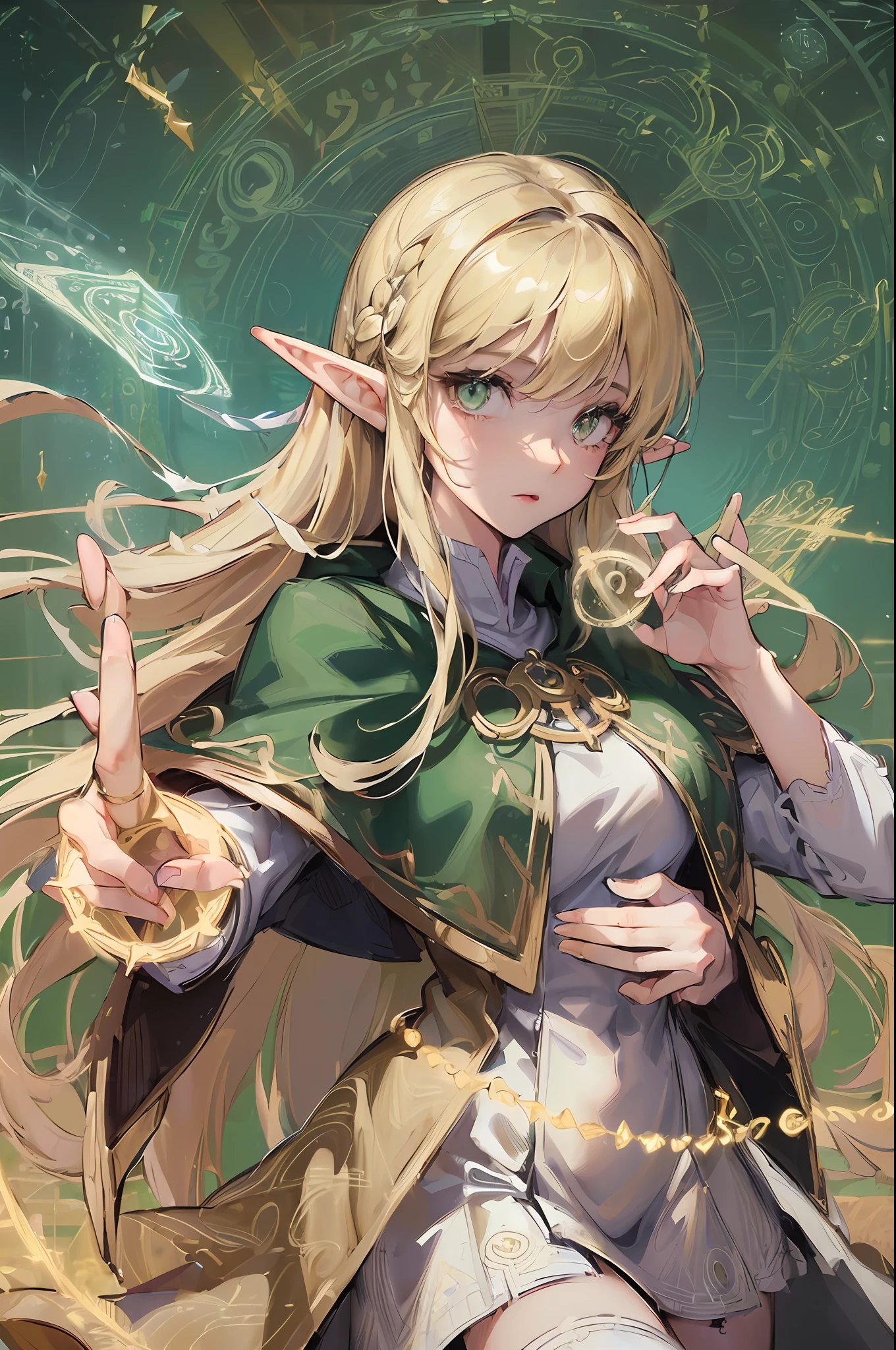 ((Masterpiece, Best Quality, High Definition, High Detail)))), ((((Fantasy))), One, (Elf Woman))))), (White Short Skirt with Gold Embroidery), (Blonde Long Straight Hair), (Fine Dark Green Eyes)))), (Green cloak armor with gold embroidery)), Big, (Strong Wind), (Cast spell)), (A lot of glowing grains are flying), ((( A vortex of light gathers in the hand))), ((((Magic circle of light with magic patterns and letters densely drawn in the background))), forest, (magic circle is reflected in the cloak)