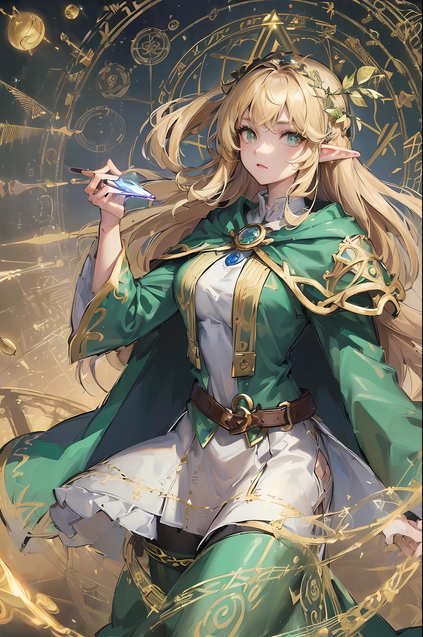 ((Masterpiece, Best Quality, High Definition, High Detail)))), ((((Fantasy))), One, (Elf Woman))))), (White Short Skirt with Gold Embroidery), (Blonde Long Straight Hair), (Fine Dark Green Eyes)))), (Green cloak armor with gold embroidery)), Big, (Strong Wind), (Cast spell)), (A lot of glowing grains are flying), ((( A vortex of light gathers in the hand))), ((((Magic circle of light with magic patterns and letters densely drawn in the background))), forest, (magic circle is reflected in the cloak)