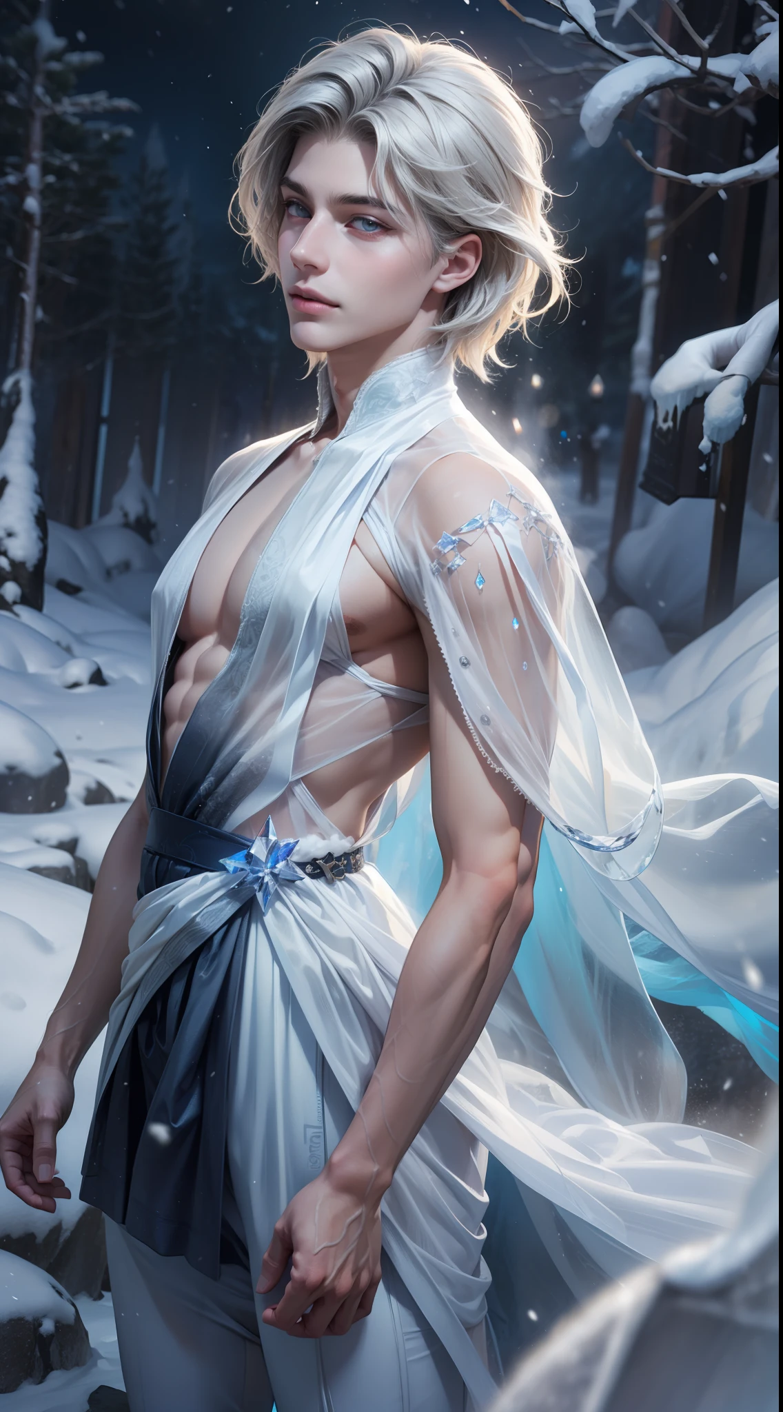 1boys,Young men,Male,superdetailed,Wallpapers,Hi-Def,optimal quality,(Ice and snow),Photorealistic photorealism,light particules,volumettic light,Photorealistic rendering,crystal shards,Ice and snow,Hair made of crystals,Land of gems,Transparent hair,White tulle,Gauze clothes,Flowing clothes