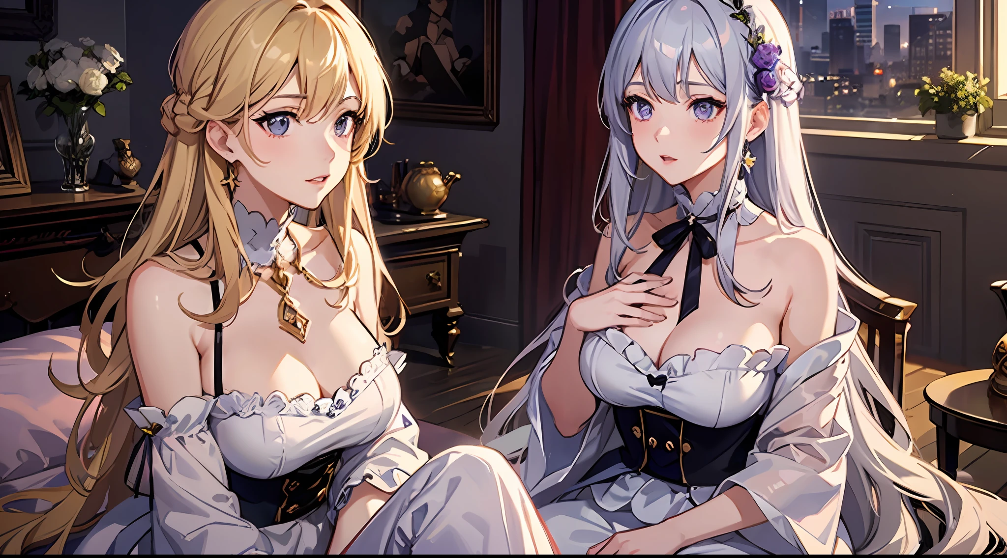 1womanl,A beautiful middle-aged woman with long blonde hair,Mature woman,Royal sister,Wearing lilac pajamas,with a good figure,In a villa,sit on a bed,From the left,Embarrassed, puckered lips,Very luxurious decorations,Exquisite facial features,Clear facial expressions,Detailed digital anime art,Digital anime art,High quality anime art style,Handsome anime pose,Smooth anime CG art,It was dark,There is moonshine,There are lights in the living room