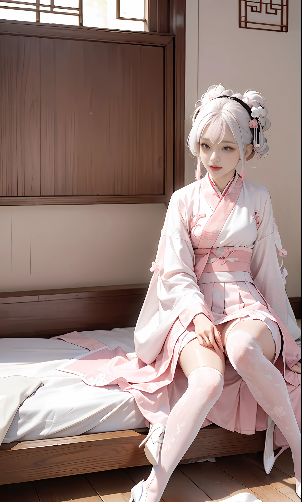 Chinese style, white hair, Chinese clothing, Tang style Hanfu, Hanfu, ((((pink and white skirt)), embroidery, over-the-knee socks, high heels, interior, bed