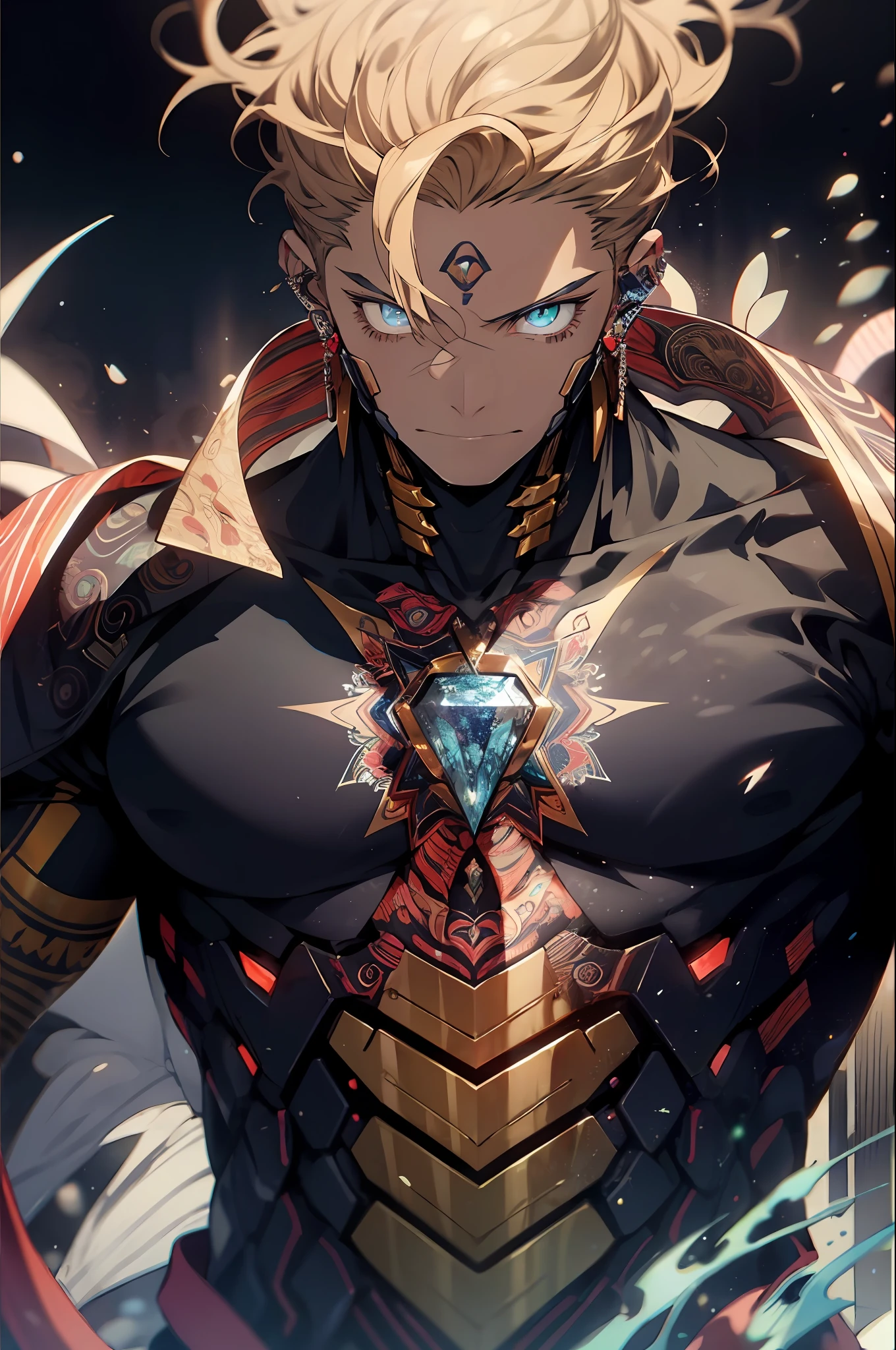 realisticlying,(a masterpiece of,top Quority,Best Quority,offcial art,Beauty and aesthetics:1.2),abundantly detailed,s fractal art,Colorful,Most detailed,zentangle,(Abstract background:1.5)(1boys:1.3),Kamimei,Golden hair,Short Hair Hair,(Glowing blue eyes),chest muscle,Abs,a dark tanned skin,mechs,mistic,(magie),Crystal,Handsome man