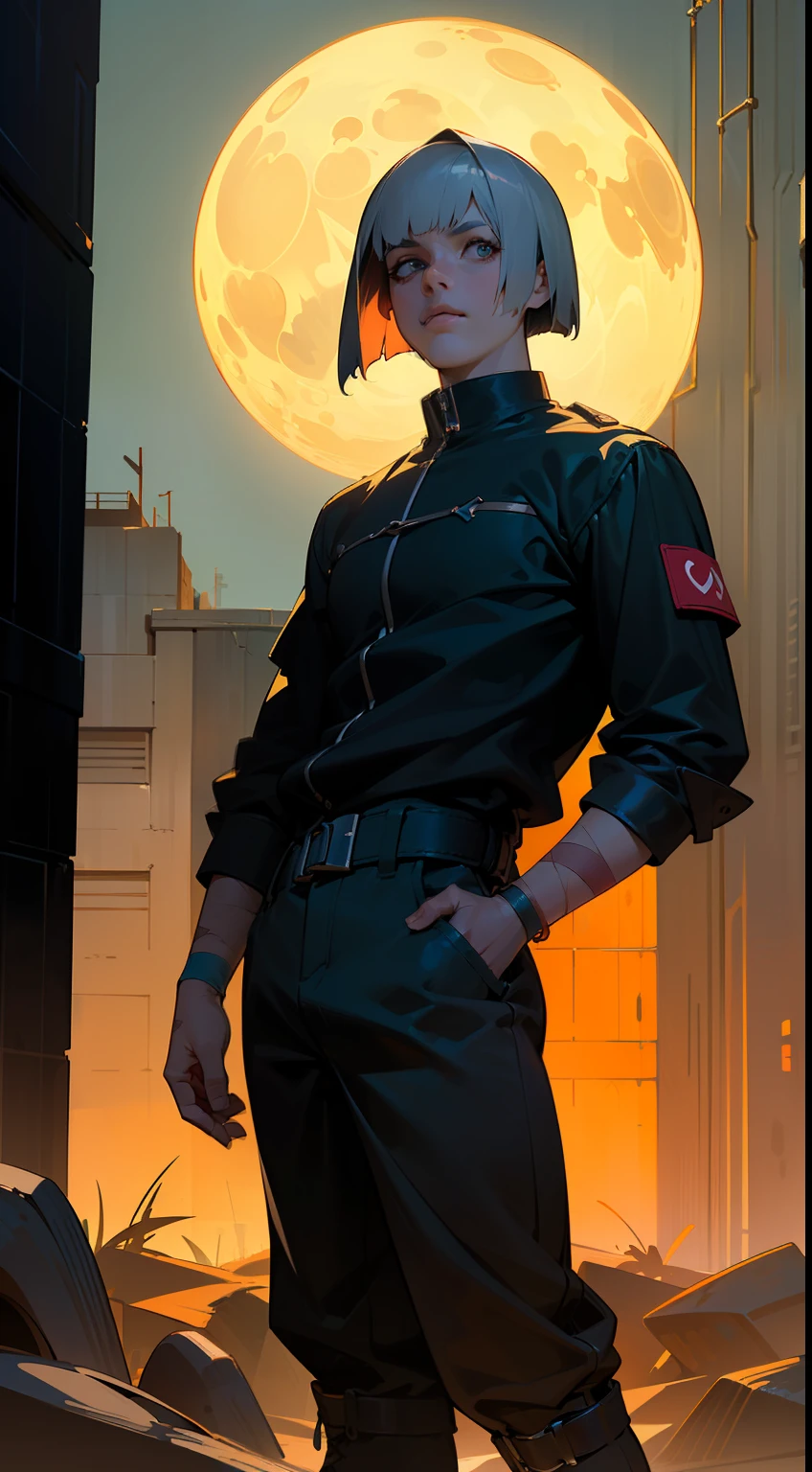 ((Realistic lighting, Best Quority, 8K, a masterpiece of:1.3)),( sharp fokus:1.2), Cool boy, (Boy in perfect shape:1.4),Tall and strong,(((fullllbody:1.1))), ((Silver short bob hair)),((Ultra-short-haired)) ,((There are scars on the face)),(Gradient wasteland clothing:1.4),(High-top toe boots),(exteriors,during night:1.1),themoon,darkly,Scary city streets,High-rise buildings and deep alleys,Ultra-fine face,Detailed big eyes,双眼皮,