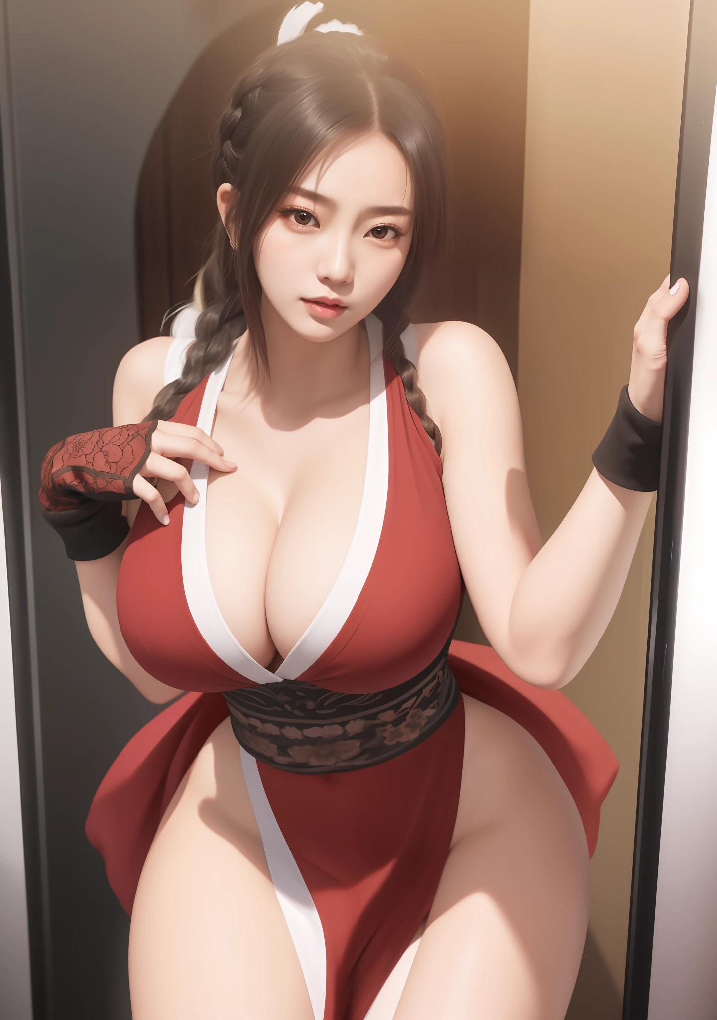 An Idol k-pop girl, (cute face, lewd face), braid hair, intricate face details, detailed face, golden ratio face, ((big breasts:1)), ((slim waist, big butt, big hip, big thighs)), ((intricate hands, detailled hands)), ((intricate feets, detailled feets)), full body, 64K, UHD, HDR, global illumination, (high quality, high detailed, hyper detailed, extremely detailed), photo realistic, ultra realistic, art photo, (clarify the details, detailed parts body), intricate artwork masterpiece, trending on artstation, (drunk face), tight clothes, (red eyes:1), (polished skin:1), she opened the door to see the onlookers, mai shiranui