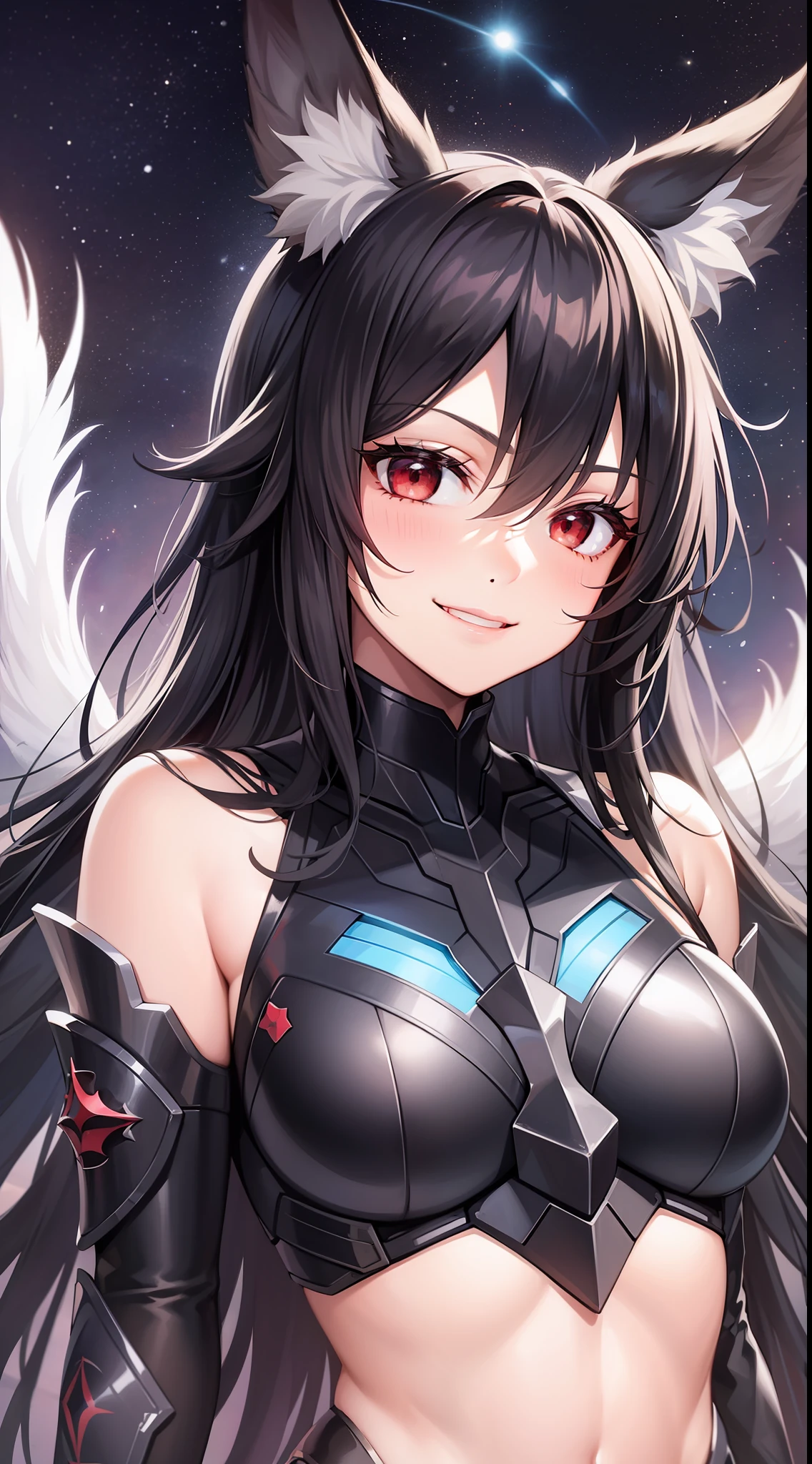 young girl, Long black hair, Fox ears, red eyes, smirk, Decepticon armor, Starskrim, open shoulders, open breasts, smirk, wings, Masterpiece, highly quality
