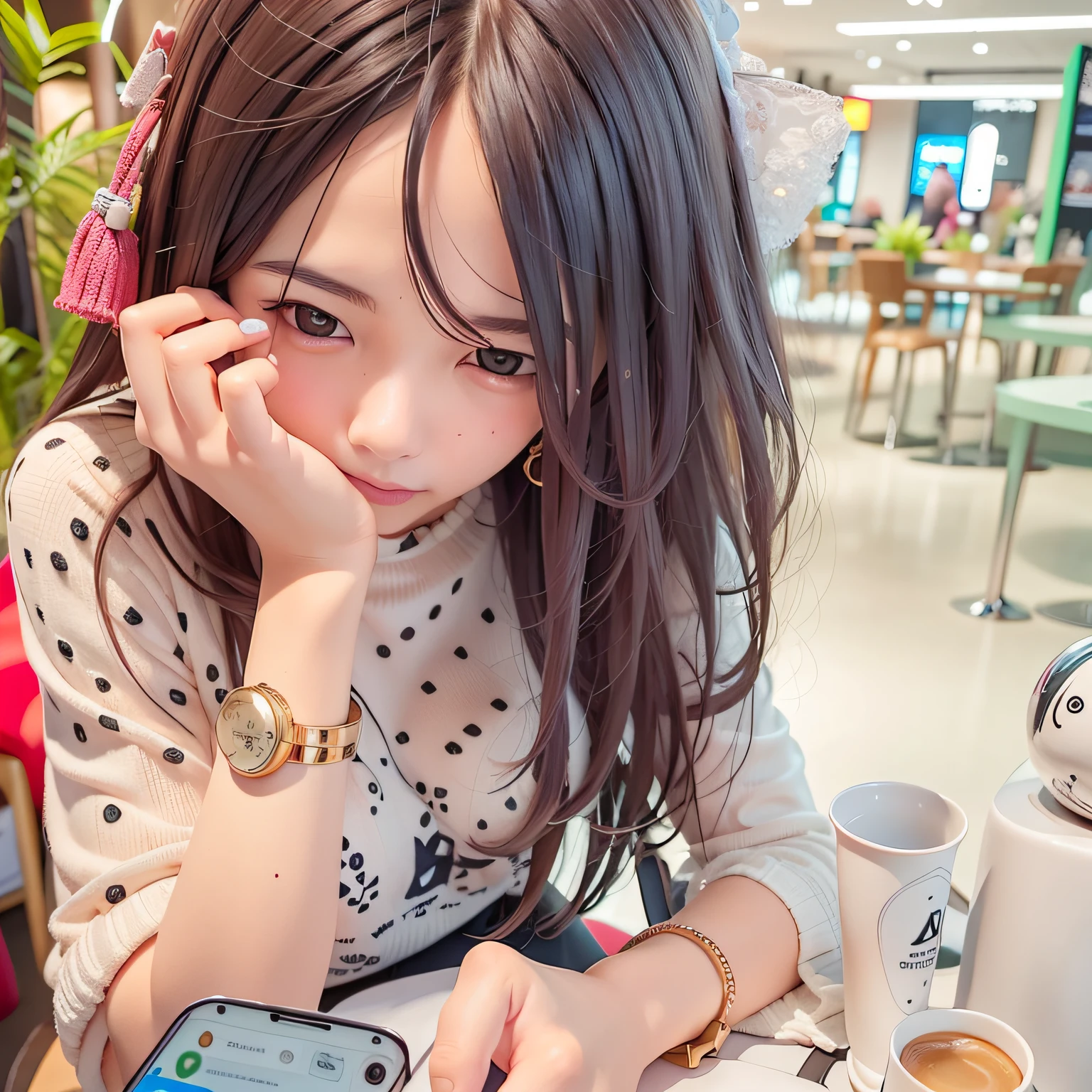 The woman sits at the table,Mobile phone in hand, dang my linh, in a mall, checking her phone, in mall, very very low quality picture, with a sad expression, zeng fanzh, sitting in a café, candid picture, checking her phone, candid photo of, Bored, xintong chen, sitting alone in a cafe