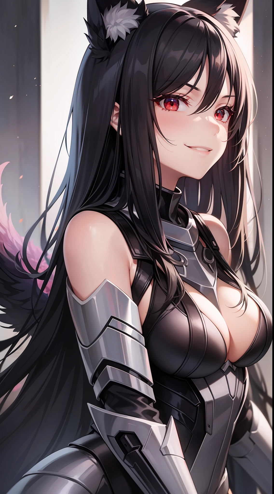 young girl, Long black hair, Fox ears, red eyes, smirk, Decepticon armor, Starskrim, open shoulders, open breasts, smirk, wings, Masterpiece, highly quality
