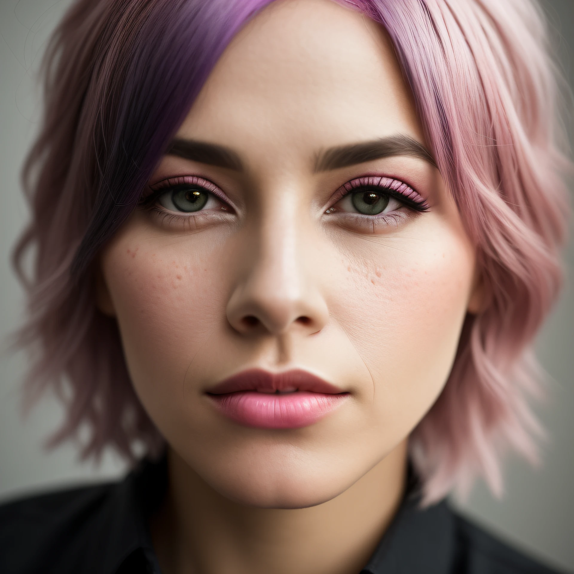 woman with pink hair and a black shirt, ombre purple and pink hairstyle, nose ring. Experiment with a shallow depth of field, mimicking the vintage look achieved by using older lenses or aperture settings. Highlight the natural texture and pores of the skin, capturing a realistic and organic look.
