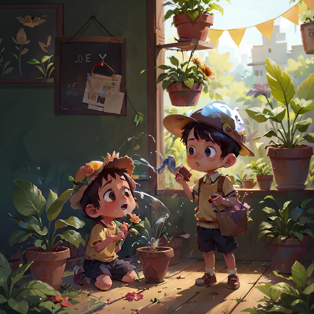 Watering children、lovly、schoolboy、Watering the flower、There are flowers inside the pot、fresh flowers、A