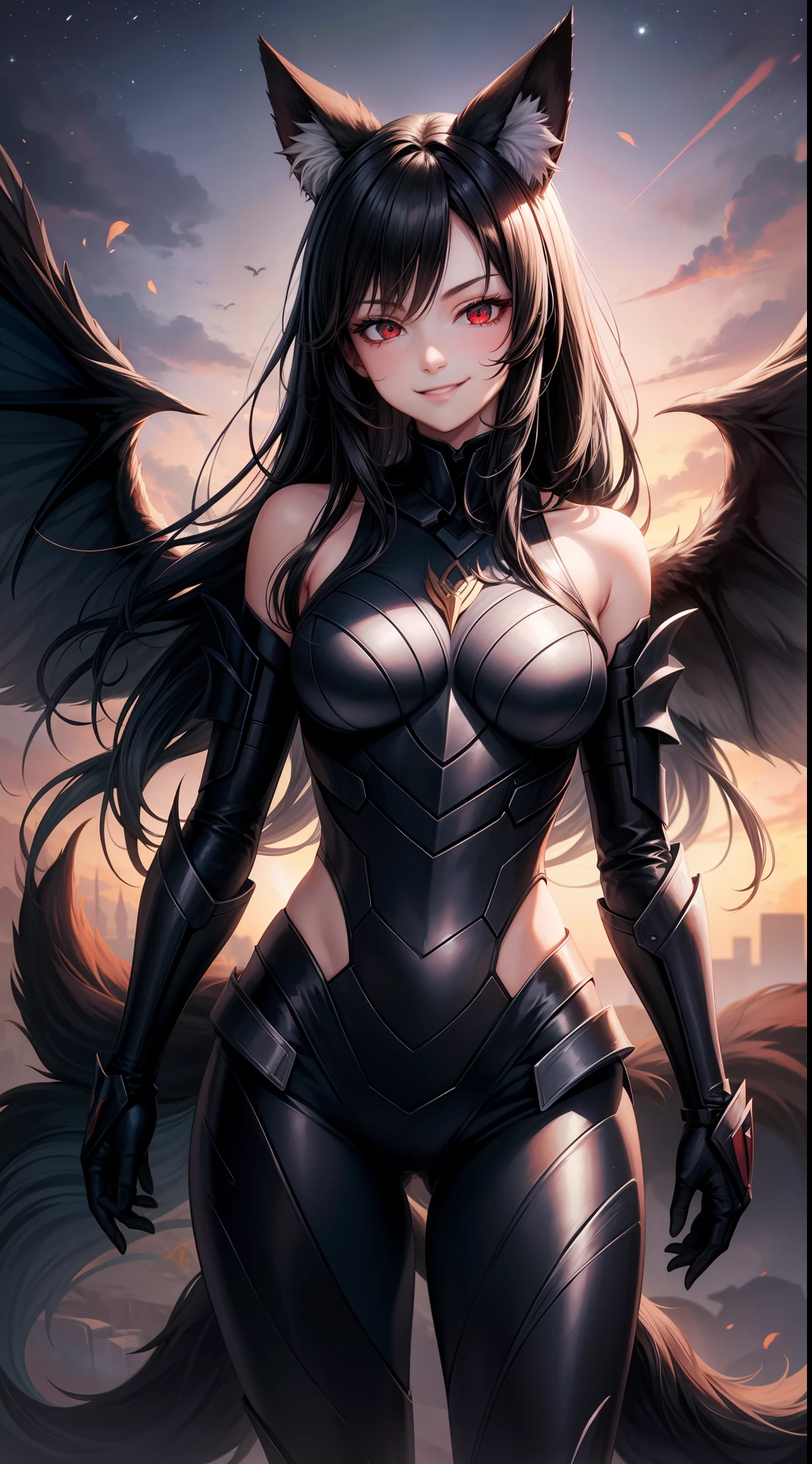 young girl, Long black hair, Fox ears, red eyes, smirk, Decepticon armor, Starskrim, open shoulders, open breasts, smirk, wings, Masterpiece, highly quality