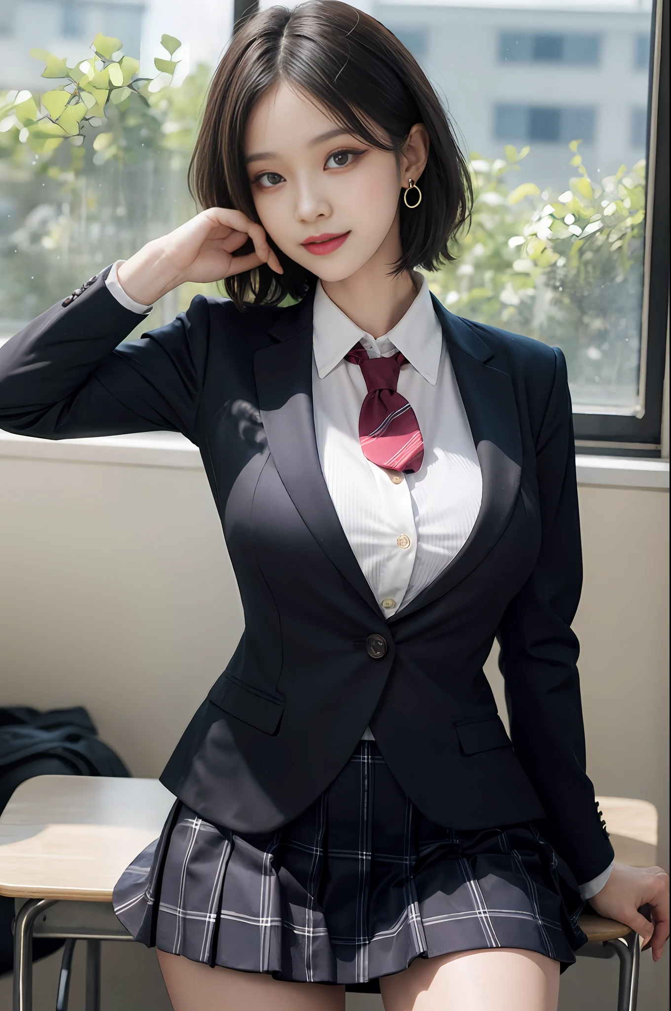 8K RAW photo, high resolution, 21 year old cool Korean, big round breasts, school uniform, tie, tie ribbon, blazer, skirt, beautiful eyes in detail, long eyelashes, beautiful double eyelids, eye shadow, slit eyes, sanpaku eyes, dark eye makeup, evil smile, beautiful thin legs, short hair gathered at the back, earrings, school classroom