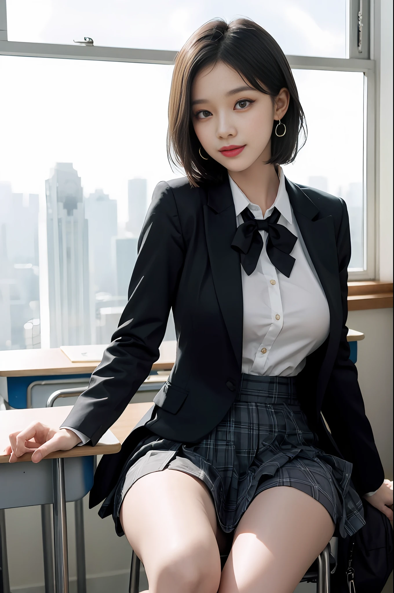 8K RAW photo, high resolution, 21 year old cool Korean, big round breasts, school uniform, tie, tie ribbon, blazer, skirt, beautiful eyes in detail, long eyelashes, beautiful double eyelids, eye shadow, slit eyes, sanpaku eyes, dark eye makeup, evil smile, beautiful thin legs, short hair gathered at the back, earrings, school classroom