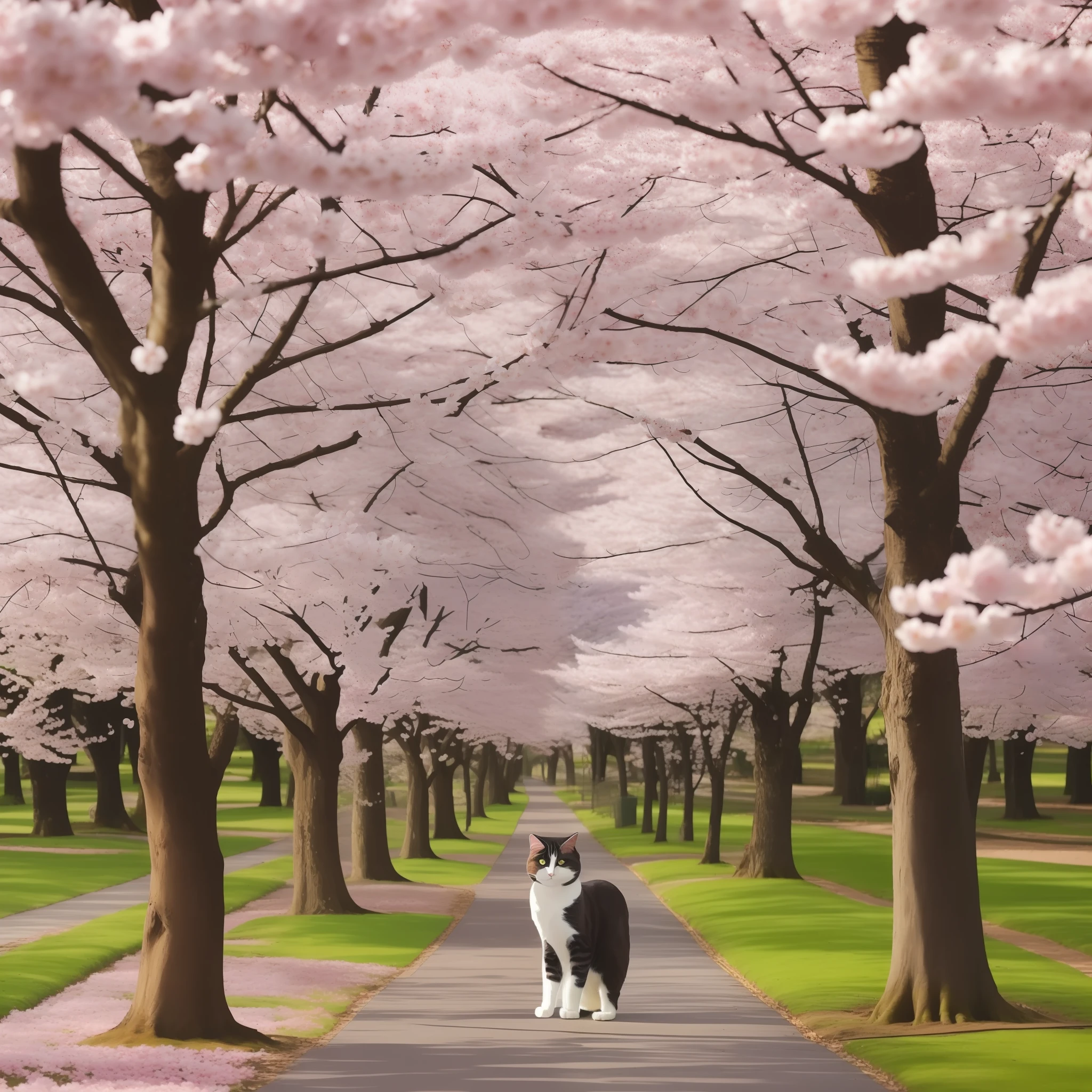 A cat standing in a row of cherry blossom trees