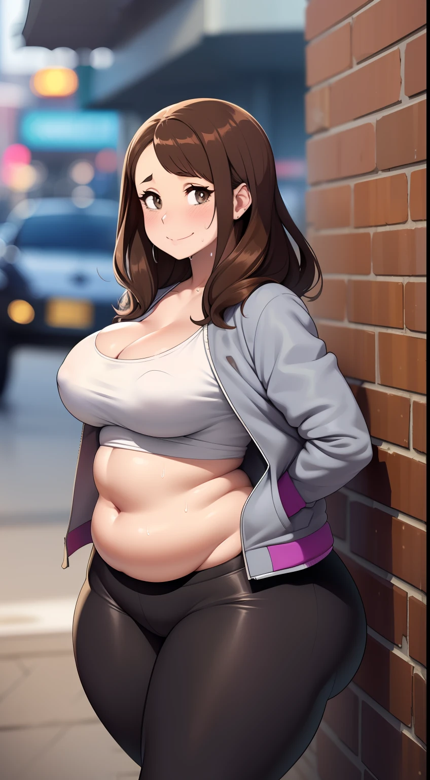 (((kipteitei art))), Masterpiece, high quality, best quality, beautiful, HD, perfect lighting, detailed face, detailed body, 1girl, solo, medium hair, ((fluffy hair)), brown hair, brown eyes, looking at viewer, weight conscience, shy, nervous, blush, smile, affectionate, sweating, medium breasts, cleavage, perky breasts, ((wide hips)), ((((thick thighs)))), thicc, ((pudgy)), ((white shirt on under jacket,)) (((grey jacket)), ((black leggings)), ((tight clothes)), cafe, in public,