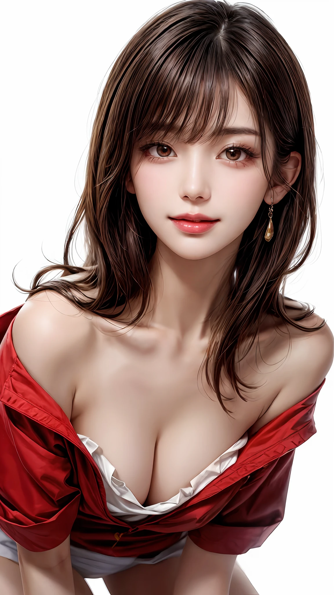 Pee (incontinence: 1.47), fashion trendy beautiful and attractive woman, gentle and attractive Chinese beautiful woman, Korean (kpop idol), delicate and sexy collarbone, attractive oval face, double eyelids, smart [peach] flower eyes, pink lips, small nose, bare shoulders, focus on face, [[face close-up], ultra high definition, super detail, White off-shoulder lace shirt, (((white lace panties), fresh and impressive, natural (large: 1.25), (kneel on the ground), (legs wide open), (legs spread), (from a low angle), (upright 1.5), (shiny skin: 1.4), (low angle)), perfect figure, areola, cleavage, armpit wrinkles, (floor urine)), (NSFW: 1.05), ( Showpiece, top quality, high precision)), one girl, (big, photorealistic: 1.4), (slightly above the camera, looking up at the camera, looking up, looking up at the camera, staring at the camera))), solo, solo, white background, snow-white background, mouth closed, happy smile, pretty black hair, short hair, big eyes, pronounced double eyelids, eyelashes, ears out, long neck, long neck, Absolute area, ((close-up of face, short hair with bangs)), 19 years old, attractive proportions, shiny skin, clean collarbone, golden ratio face, perfect face, teardrop mole, chest mole, bangs, clean bangs, beautiful bangs, lip gloss, thin lips, white skin, undressed, big breasts, small face, staring at the camera a little upwards, ((smiling a little at the camera, really nothing pure white background, very big, big big, big breasts)), ((((uniform, shirt))))