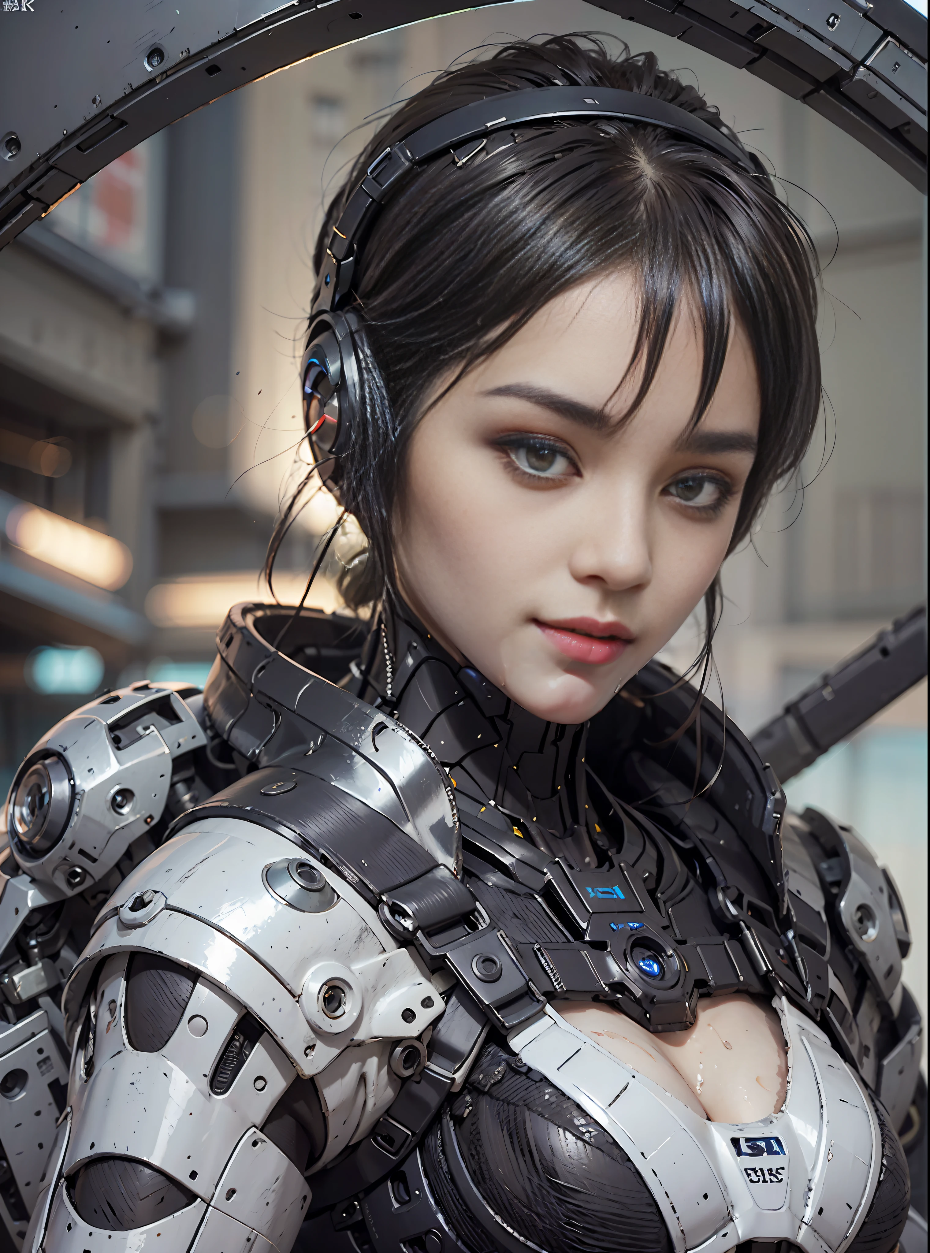 8K, Best quality, masute piece, ultra-high-resolution, (Realism: 1.4), Girl in Futuristic Combat Suit, (purple-eyed), ((Luminous eyes)), in the cockpit of mecha, Real Woman, Cleavage, Real Face, Cute girl, smile, perfect cyborg girl wearing sci-fi headphones, a  beautiful female , Beautiful girl cyborg, black-haired, Wet hair、manipulator, rkgk,