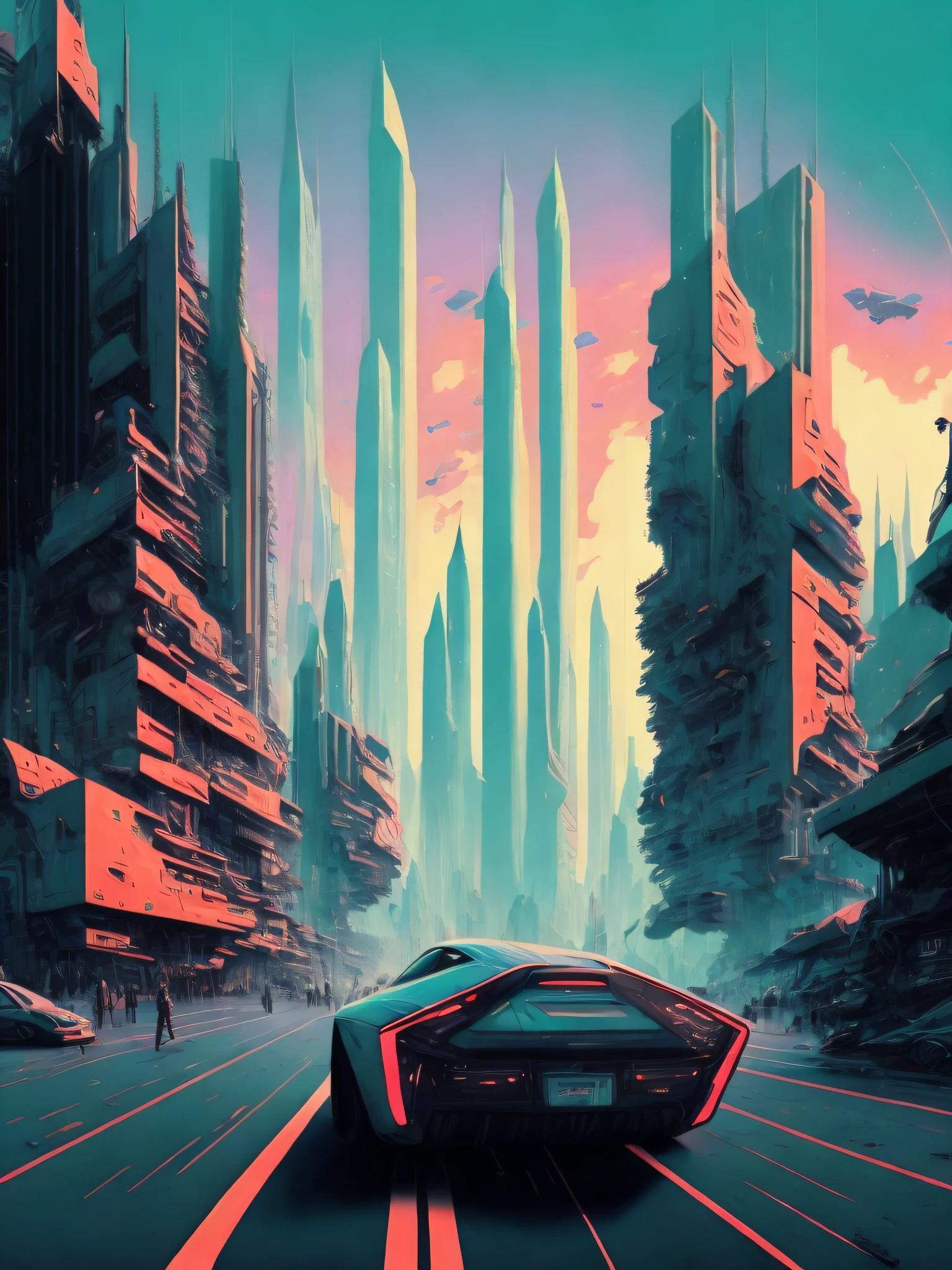 a painting of a futuristic city with a car driving down the road in front of it by Kilian Eng