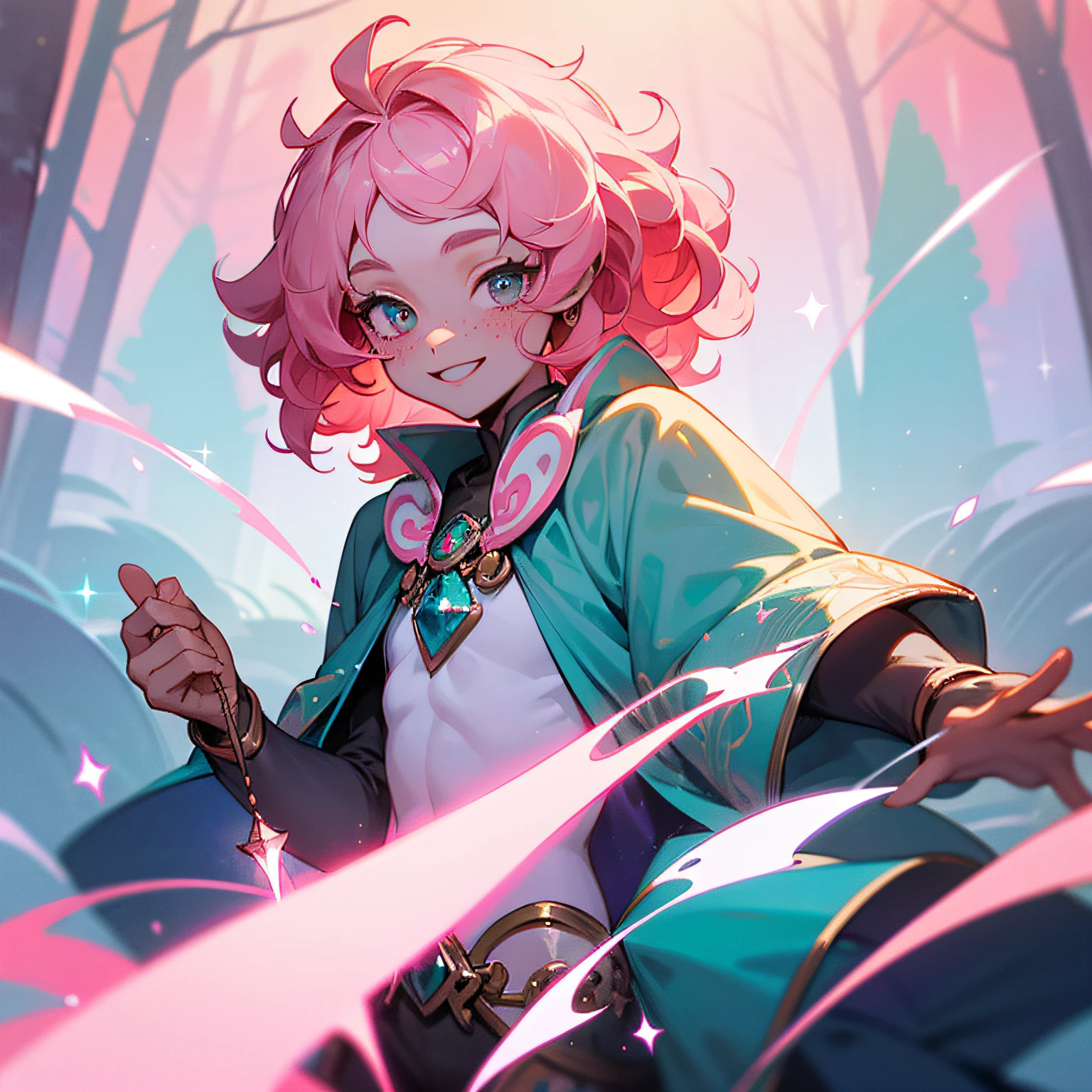 young man, light blue colored skin, light pink sparkles on skin, slim body, light pink colored hair, poofy hair, wavy hair, medium hair, four eyes, pink colored eyes, smiling, one person, forest background, white freckles, fantasy style, magical crystals in the background, magic, holding a small teal colored gemstone