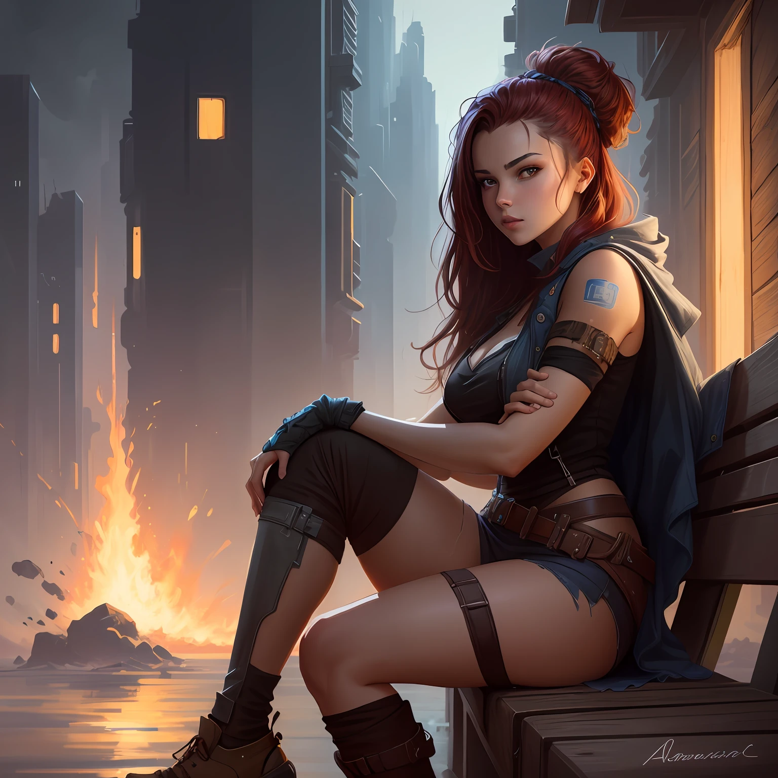 Draw :: young woman, (Cyberpunk main visuals), |full-body, darkskin, red haired, beautiful, (perfect face:1.7)|, sitting, resting, on a stone bench, in the background is a retrofuturistic-dieselpunk cafe, draw this image in the style of Horizon Zero Dawn, Final Fantasy 7, Apex Legends, Artistic Sketchings by Charlie Bowater by Peter Mohrbacher by Alena Aenami, Deviantart & Artstation & artgalaxie trending