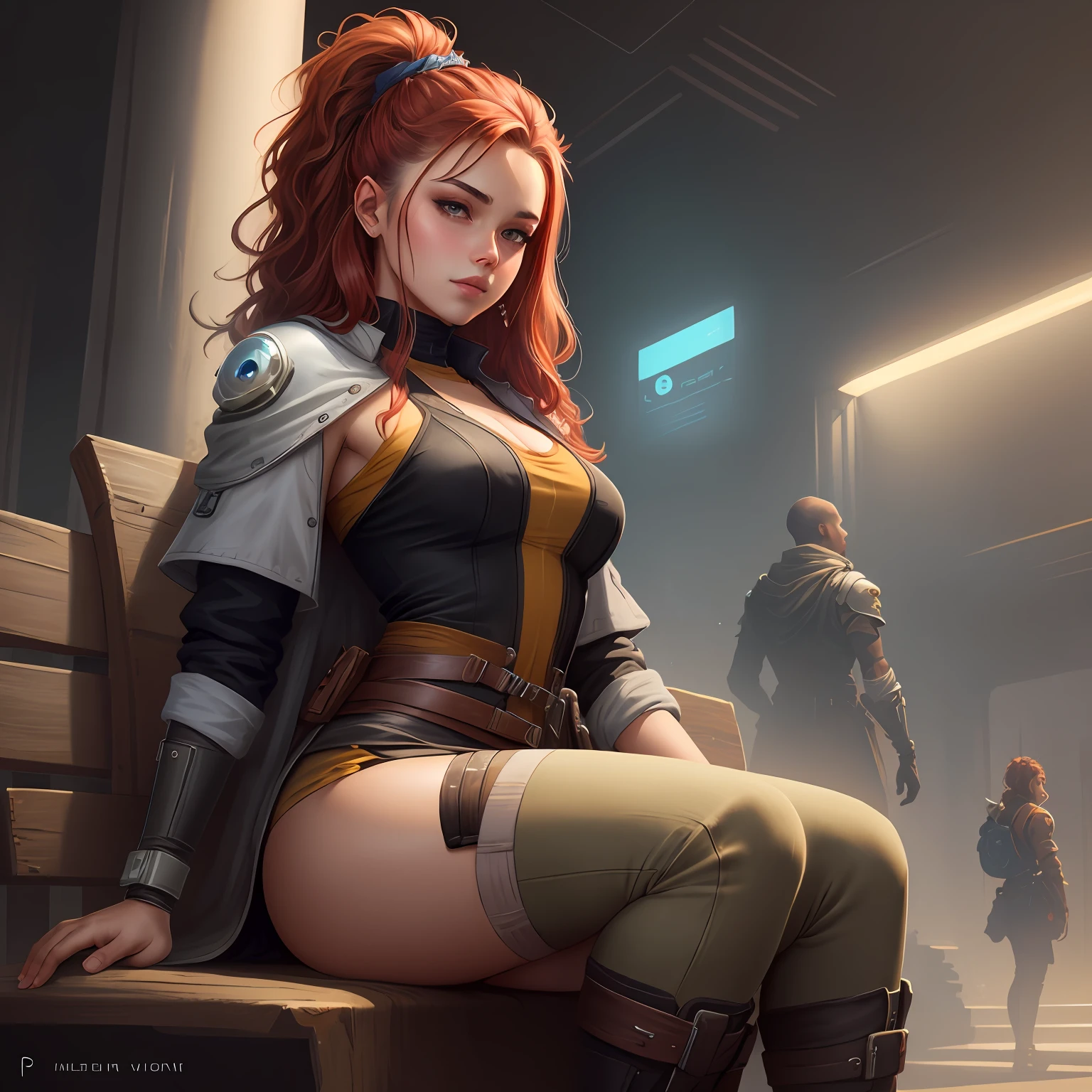 Draw :: young woman, (Cyberpunk main visuals), |full-body, darkskin, red haired, beautiful, (perfect face:1.7)|, sitting, resting, on a stone bench, in the background is a retrofuturistic-dieselpunk cafe, draw this image in the style of Horizon Zero Dawn, Final Fantasy 7, Apex Legends, Artistic Sketchings by Charlie Bowater by Peter Mohrbacher by Alena Aenami, Deviantart & Artstation & artgalaxie trending