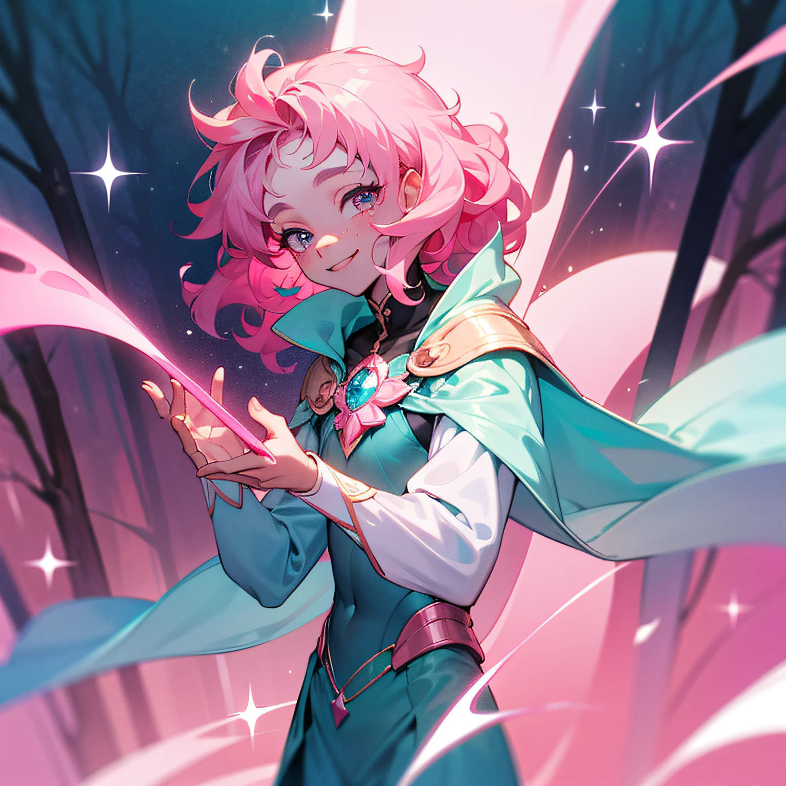 young man, light blue colored skin, light pink sparkles on skin, slim body, light pink colored hair, poofy hair, wavy hair, medium hair, four eyes, ((pink colored eyes)), smiling, one person, forest background, white colored freckles, fantasy style, magical crystals in the background, magic, holding a small teal colored gemstone